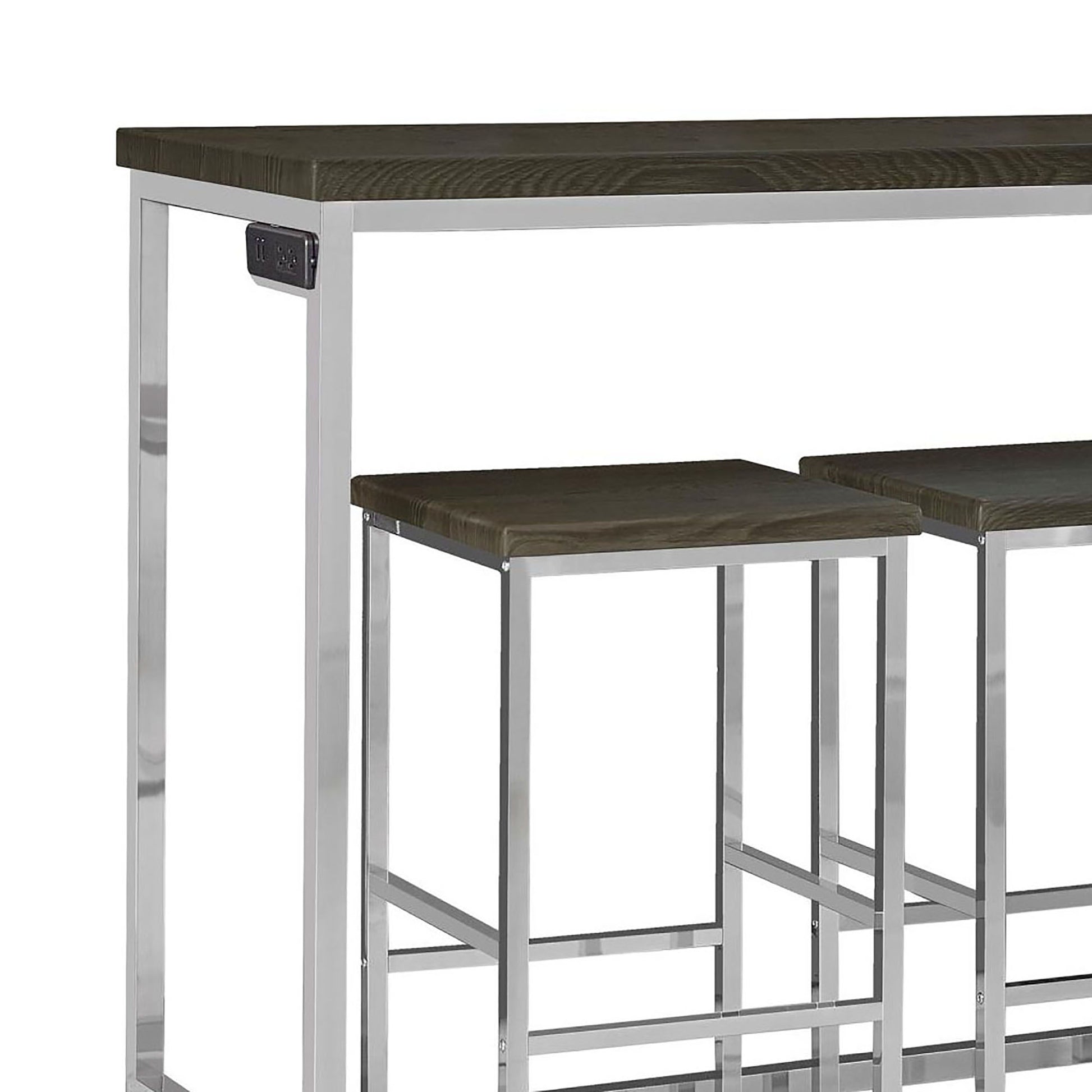 Dark wood and chrome bar table with integrated power outlets perfect for modern homes