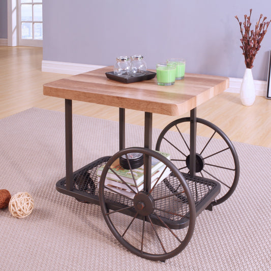 Rustic wood top coffee table with industrial wagon wheels and lower shelf for storage