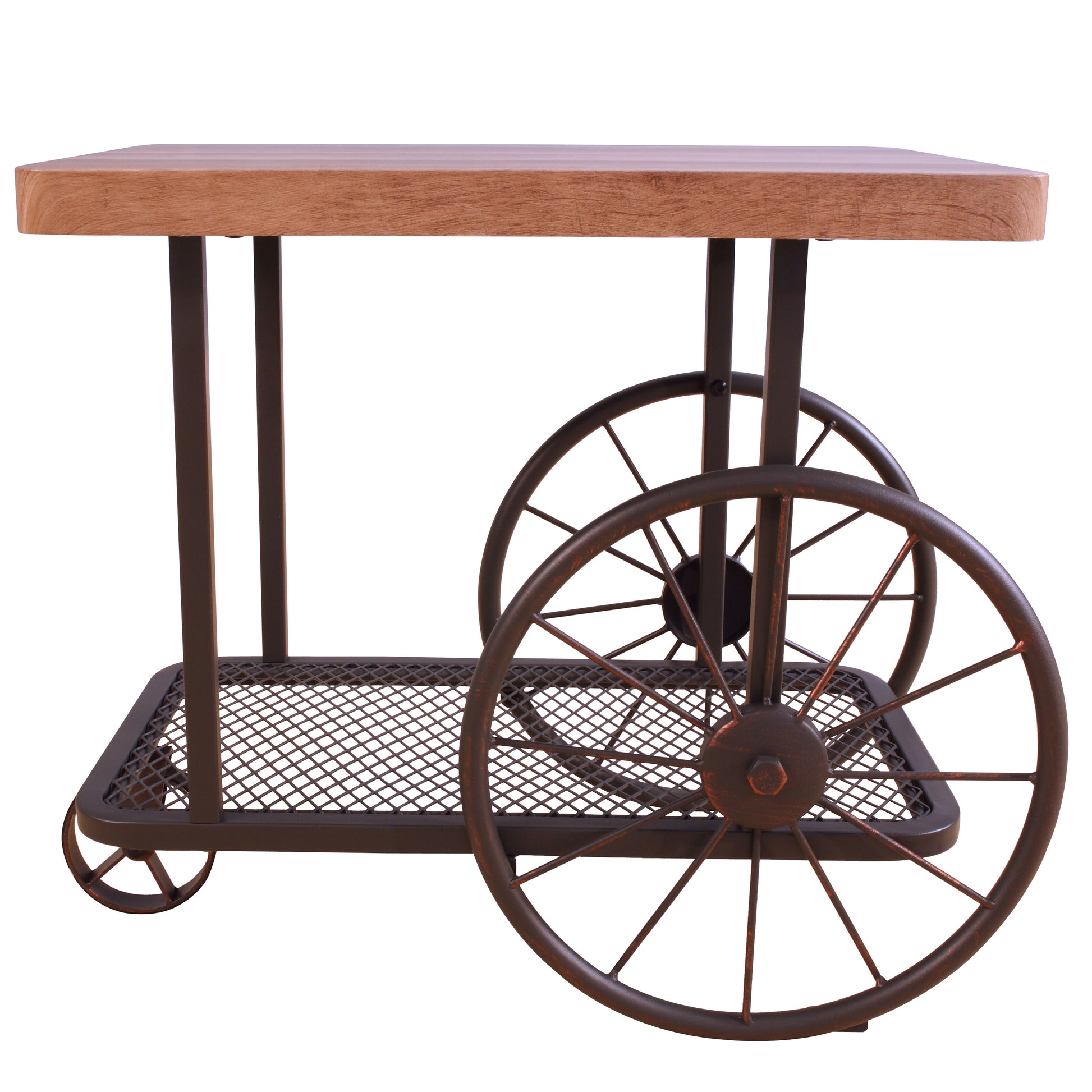 Industrial style bar cart with rustic wood top and metal wheel accents