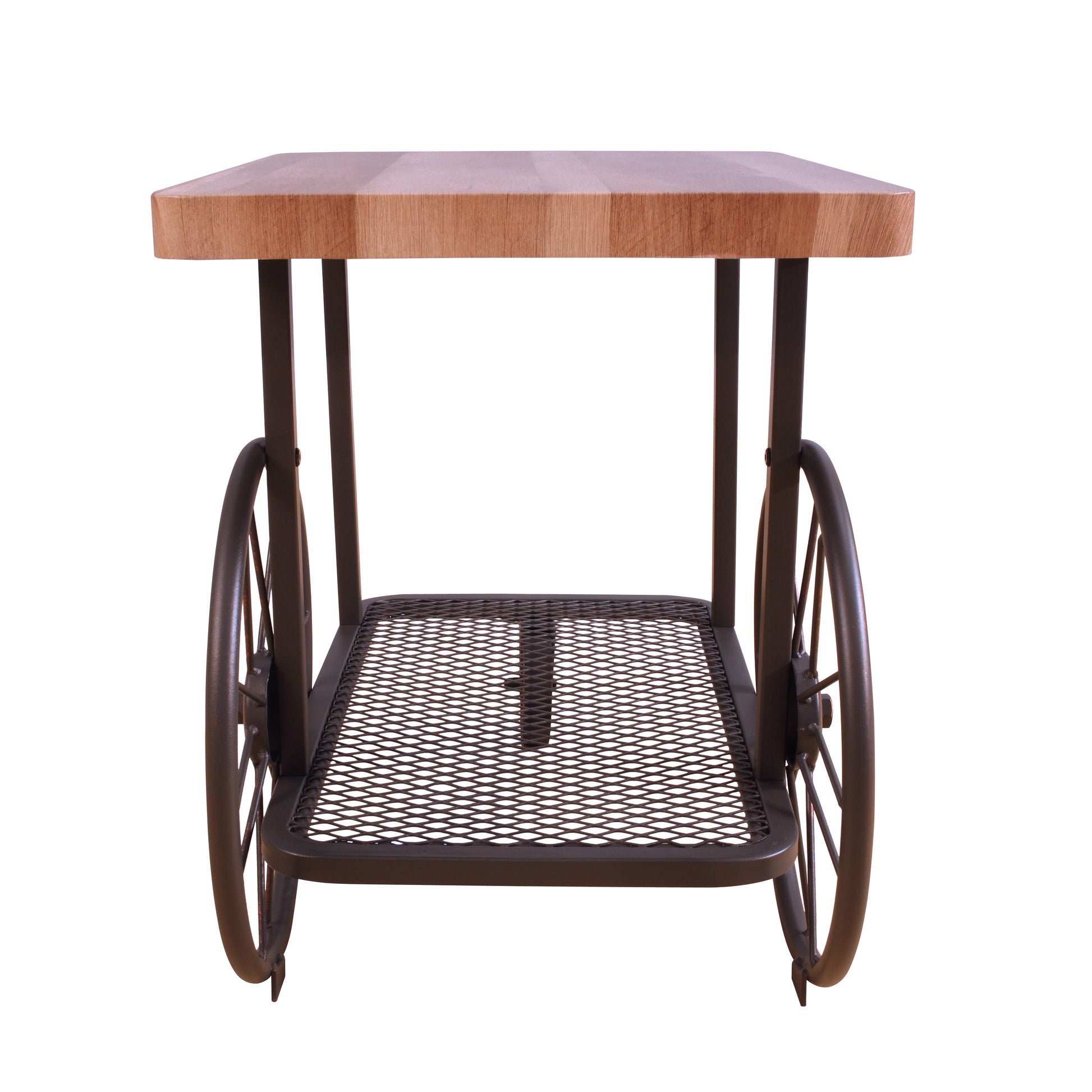 Rustic metal side table with a butcher block wood top and wagon wheel accents perfect for outdoor use