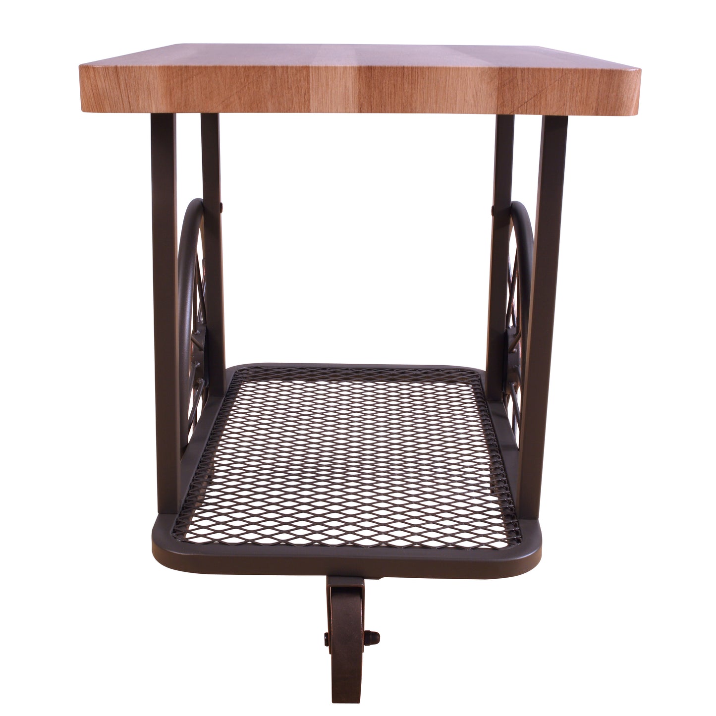 Wooden top accent table with metal mesh shelf and decorative wheels
