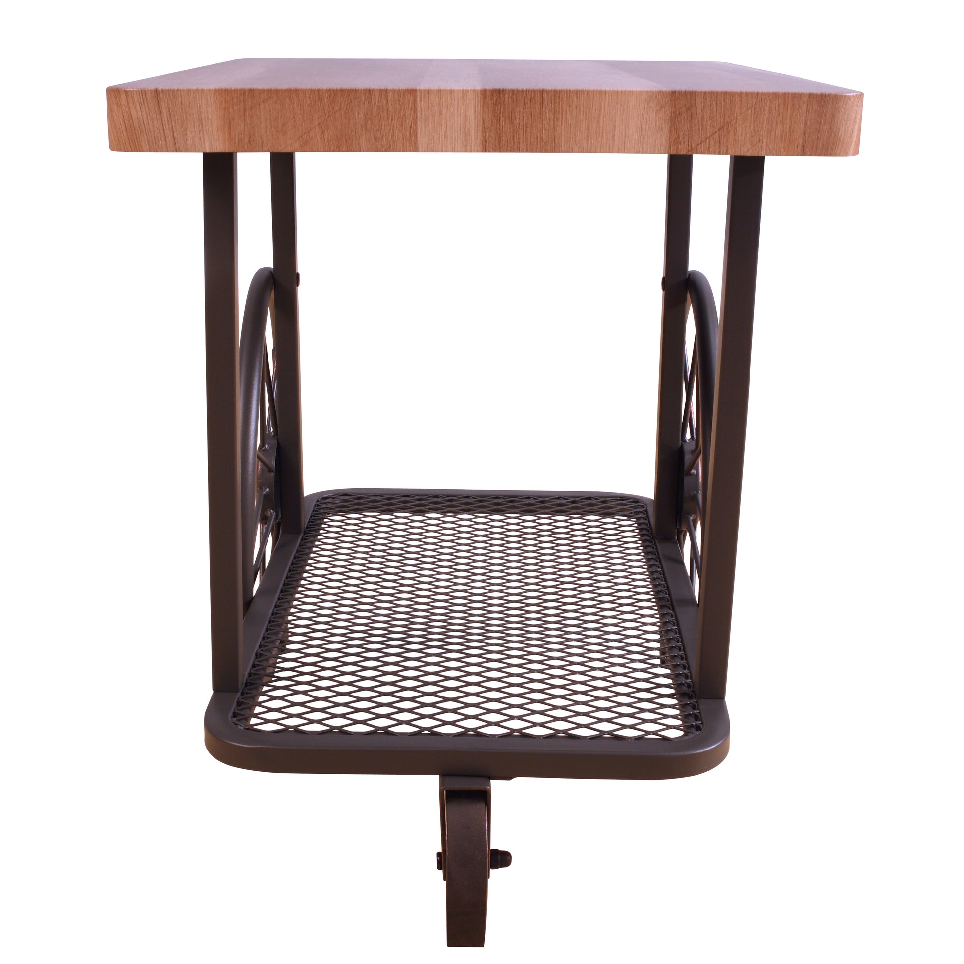 Wooden top accent table with metal mesh shelf and decorative wheels