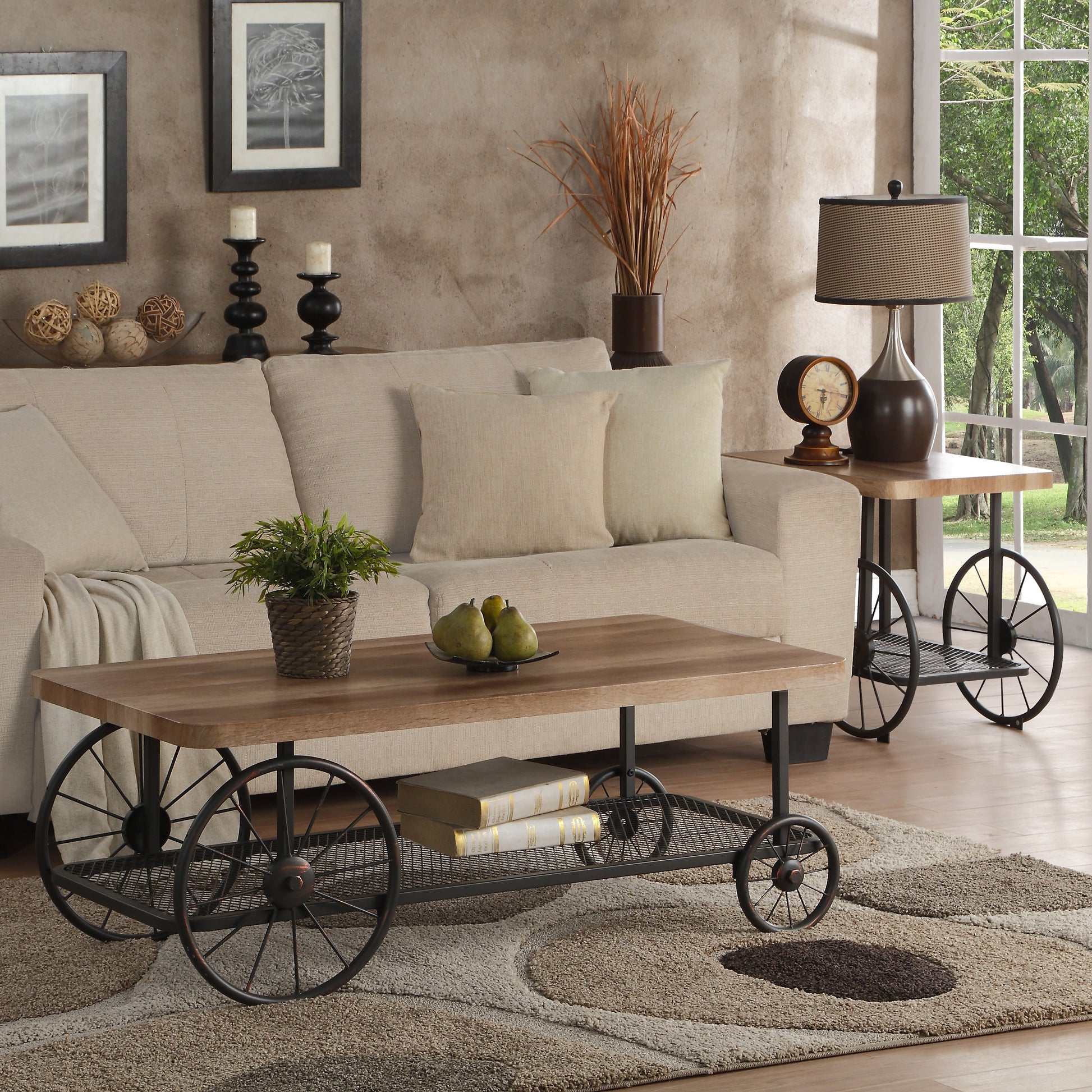 Industrial style wood and metal coffee table with wheels