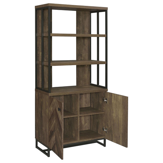 Rustic brown wood cabinet with open doors and black metal frame bookshelf