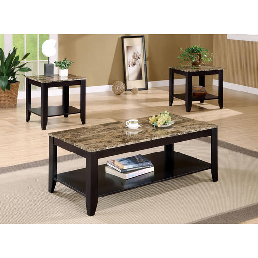 Dark espresso wooden coffee table with faux marble top set of  tables