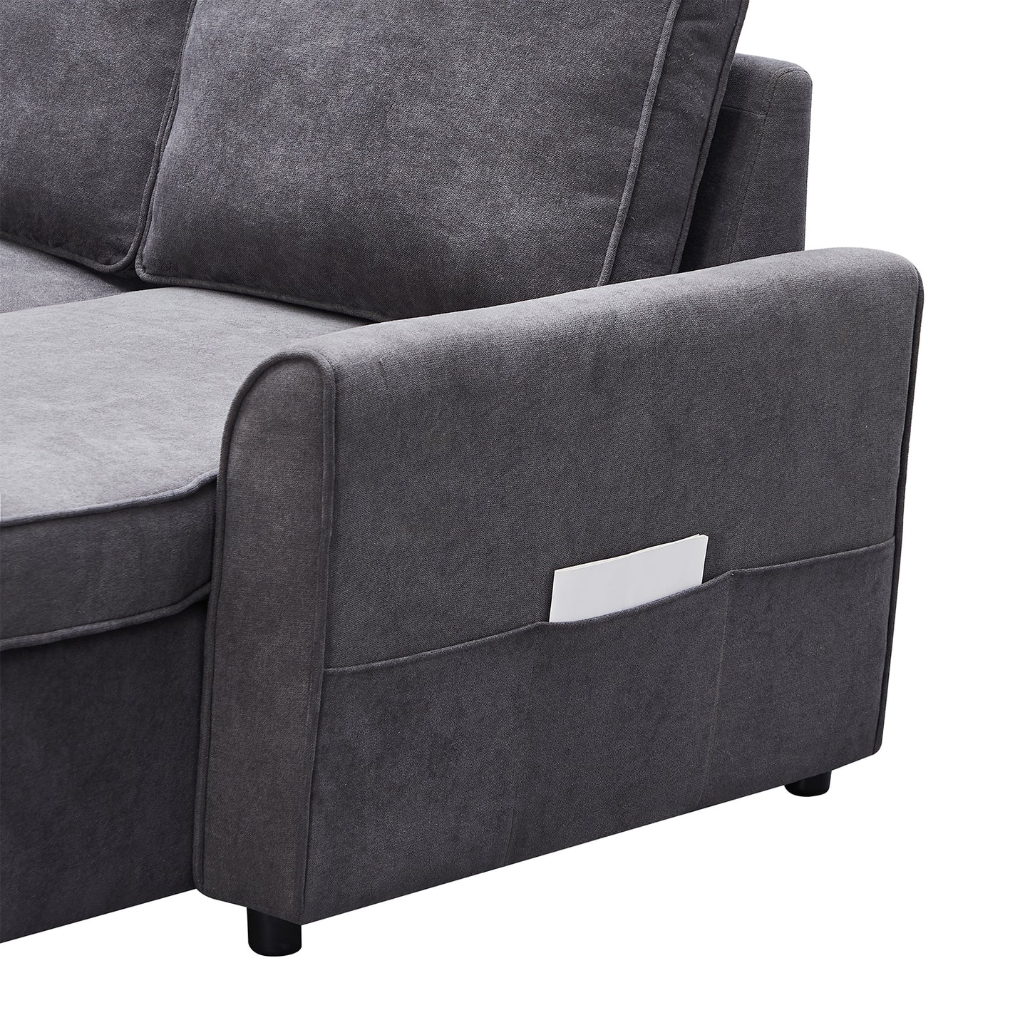 Dark gray fabric sofa with builtin side pocket for storage