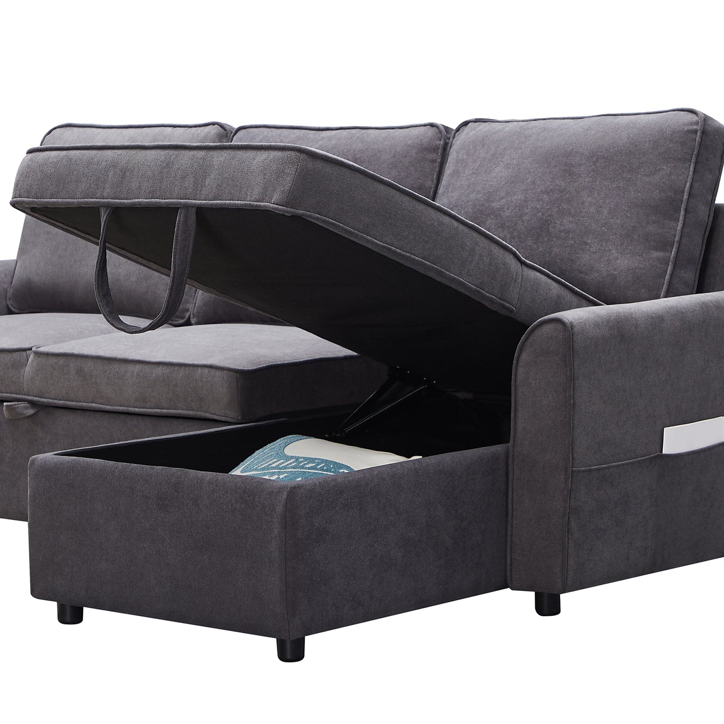 Dark grey fabric sectional sofa with hidden storage compartment open