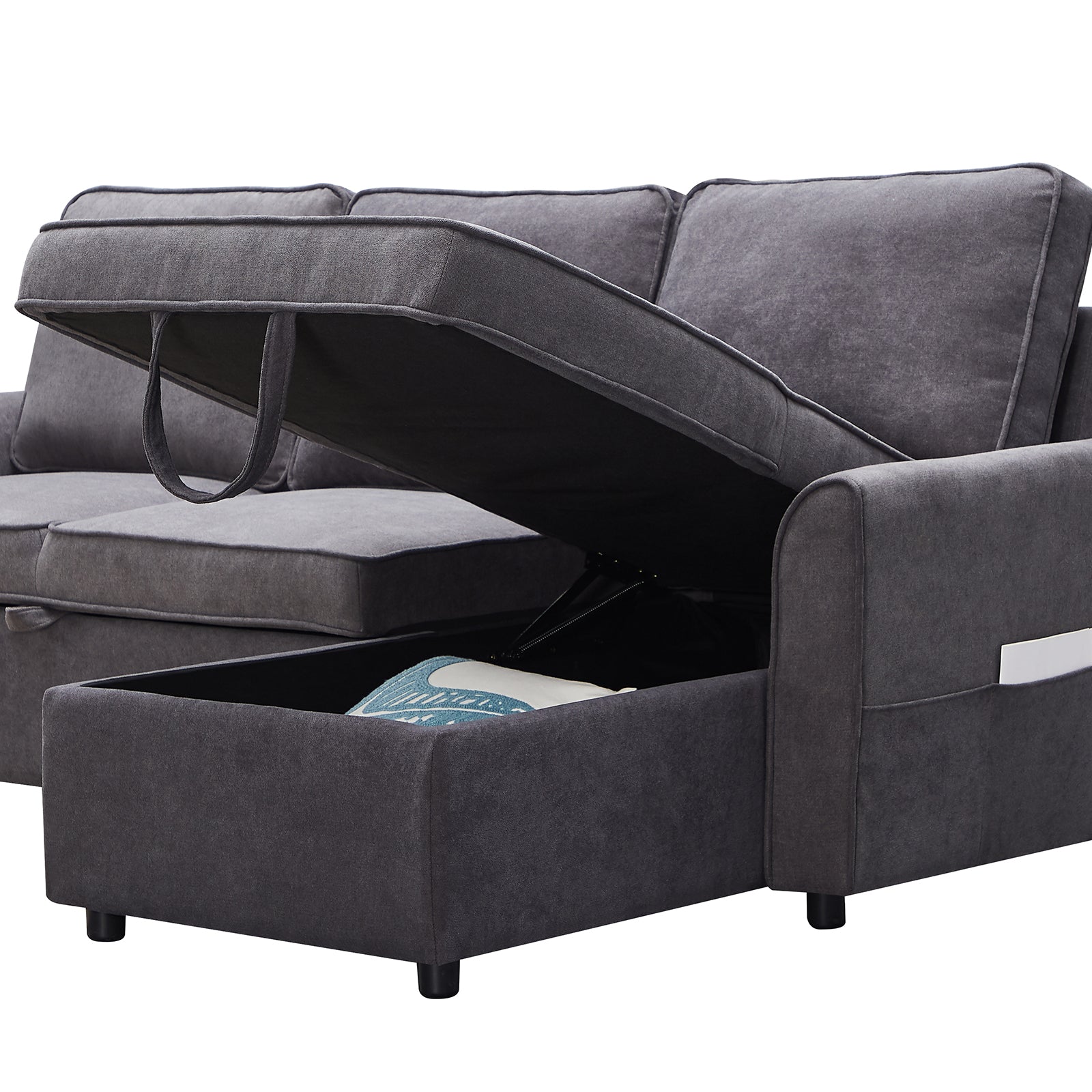 Dark grey fabric sectional sofa with hidden storage compartment open