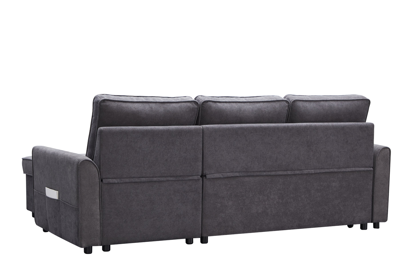 Dark grey fabric sofa with multiple cushions and side pockets