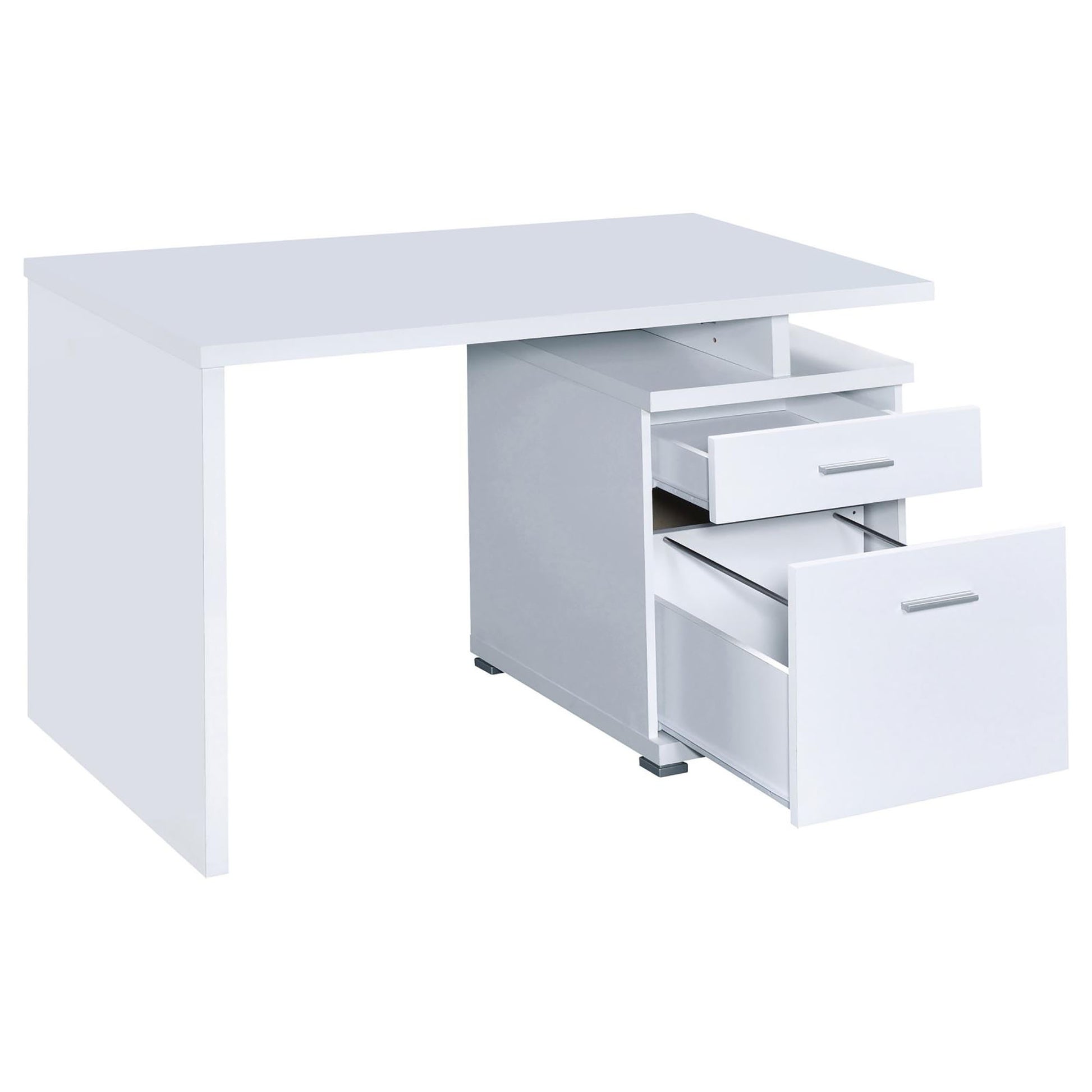 Modern white writing desk with three drawers and silver handles for home office