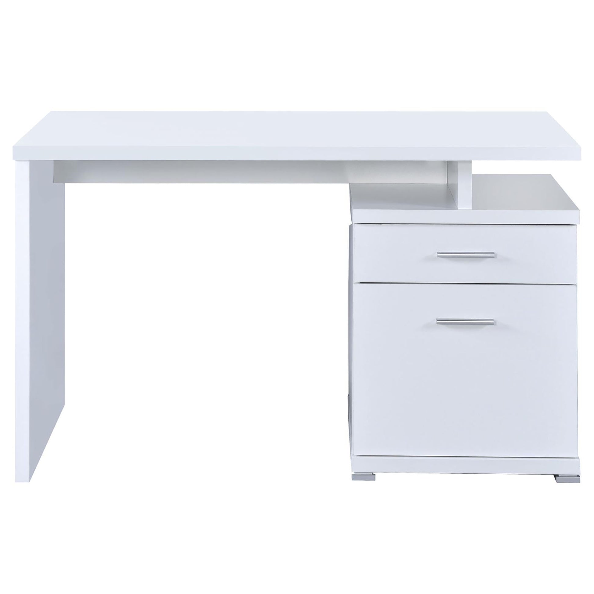 Modern white computer desk with two drawers and minimalist design