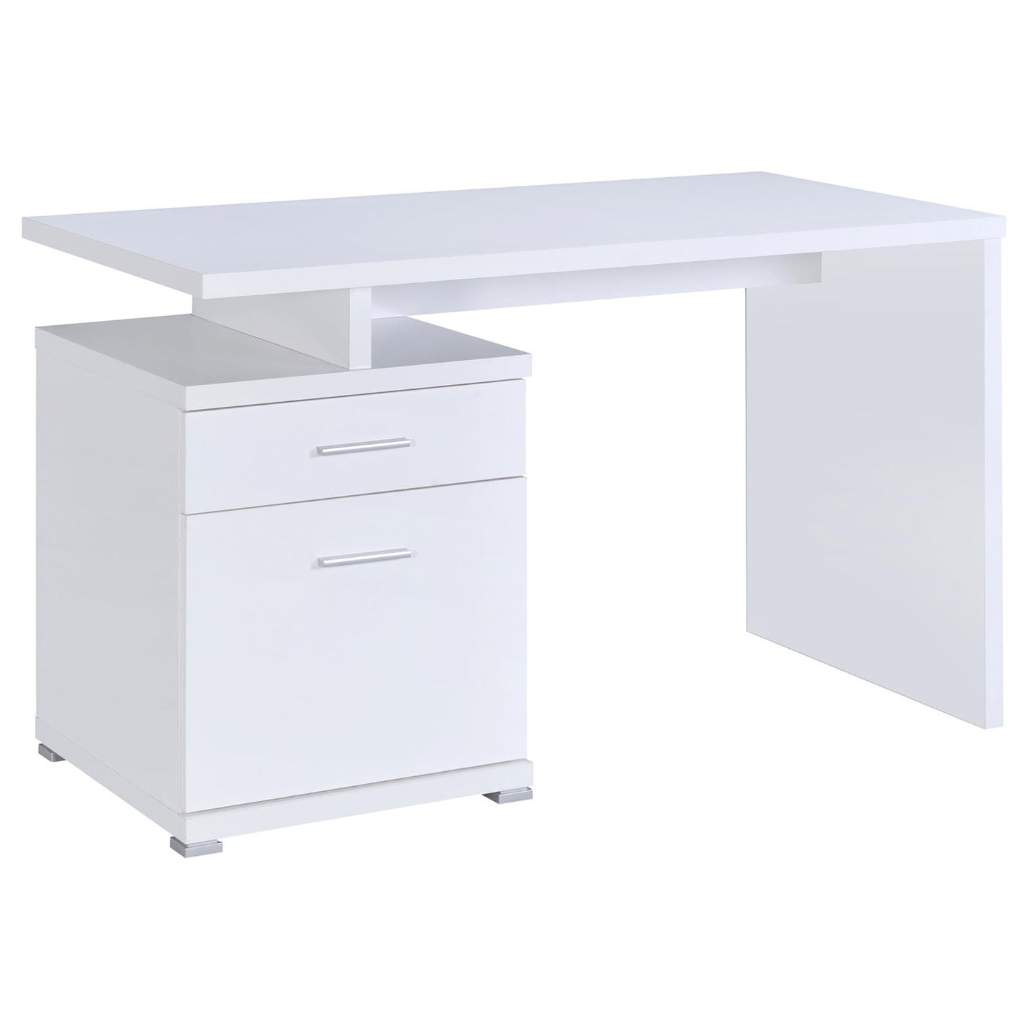 Modern white writing desk with two drawers and an open shelf