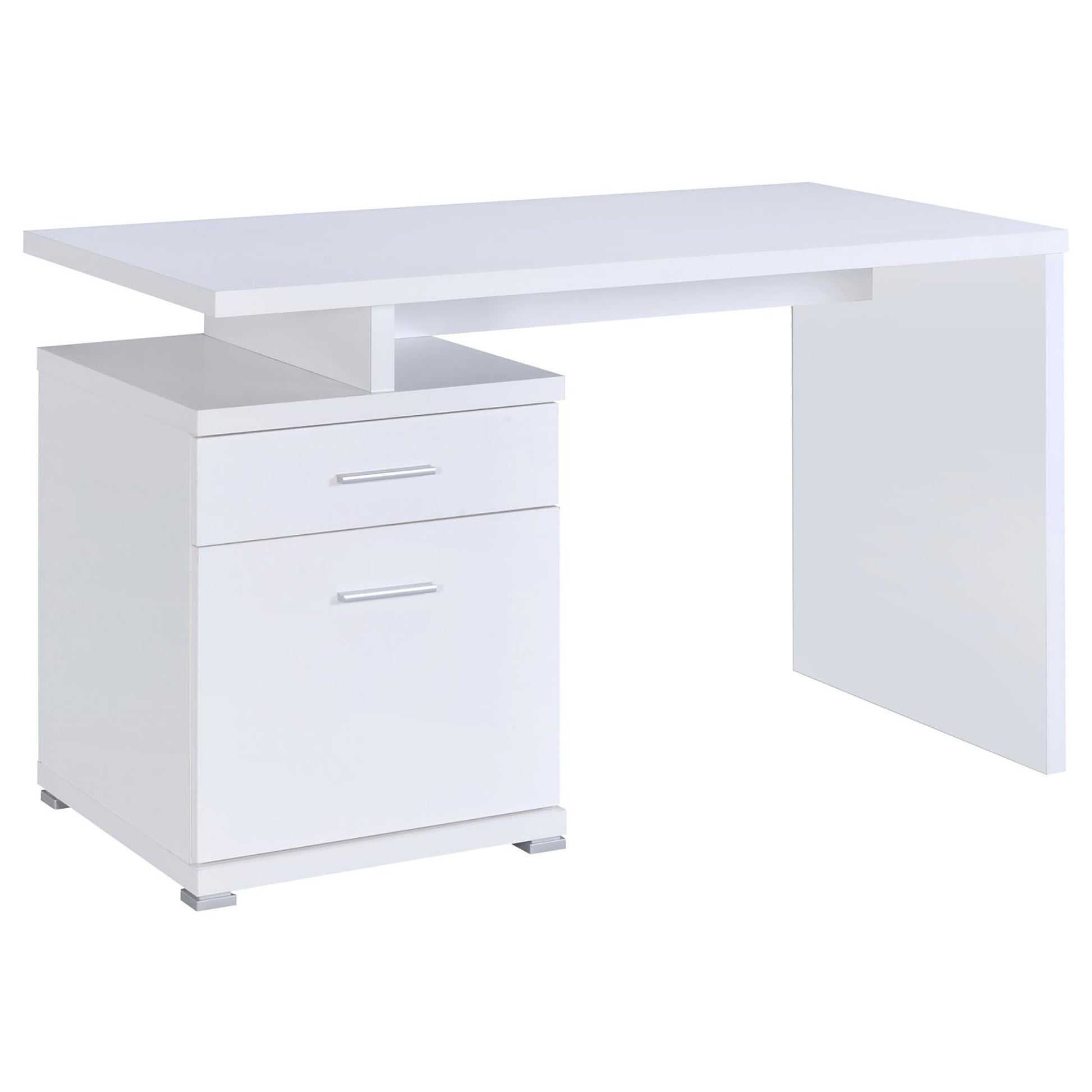 Modern white writing desk with two drawers and an open shelf
