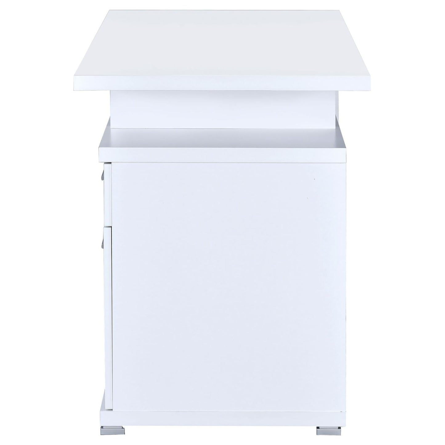Side view of a minimalist white console table with clean lines and silver feet