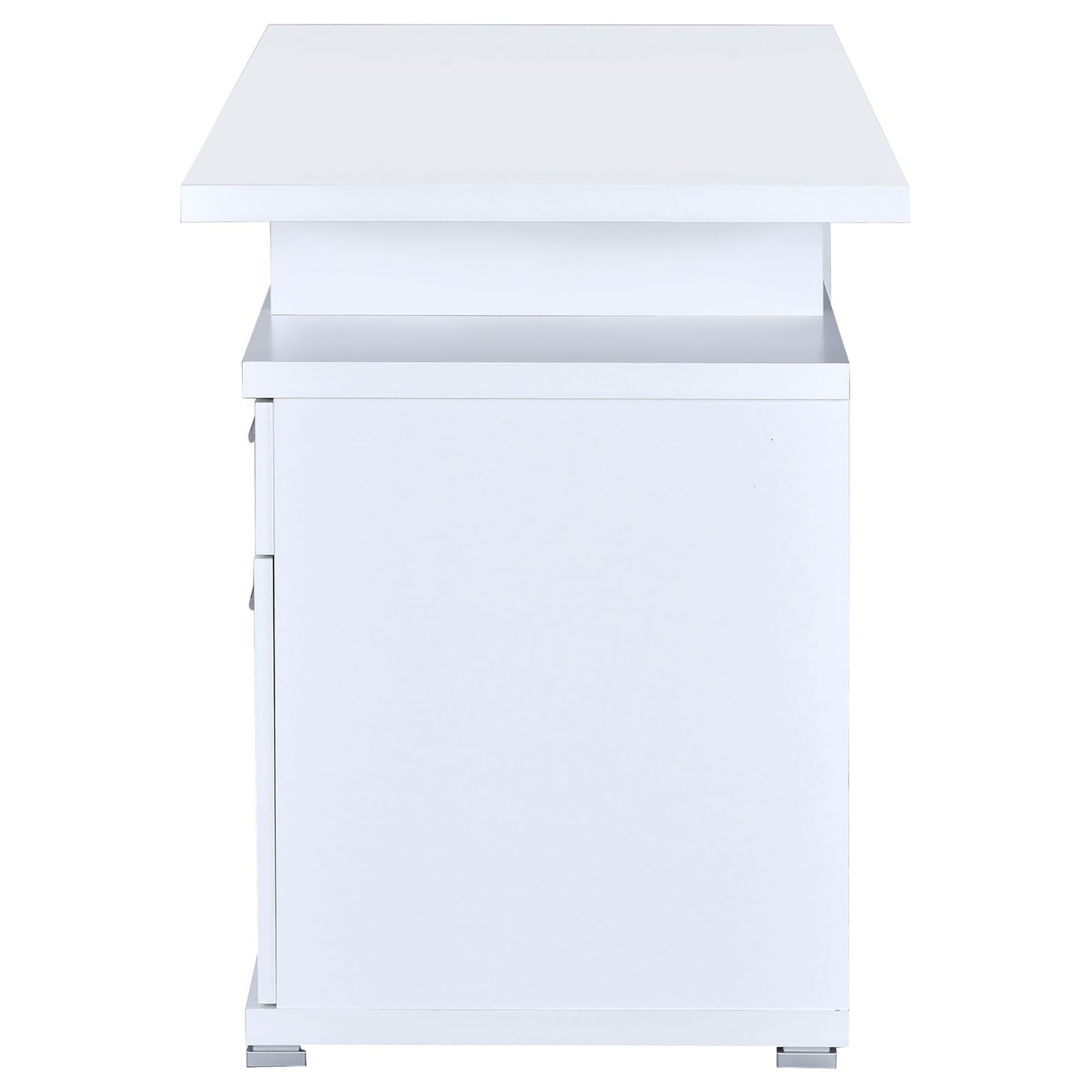 Side view of a minimalist white console table with clean lines and silver feet