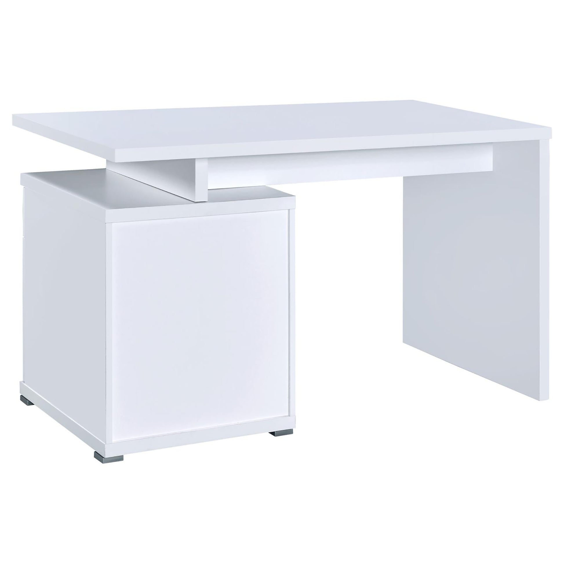 Modern white home office desk with integrated storage drawer and clean lines