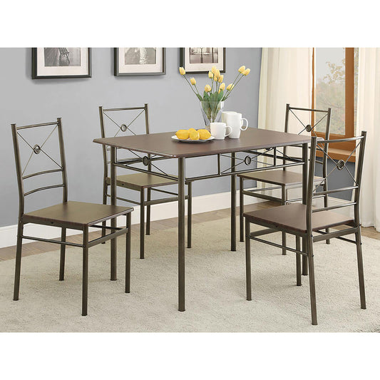 Metal dining set with brown wood seat chairs and matching tabletop  person