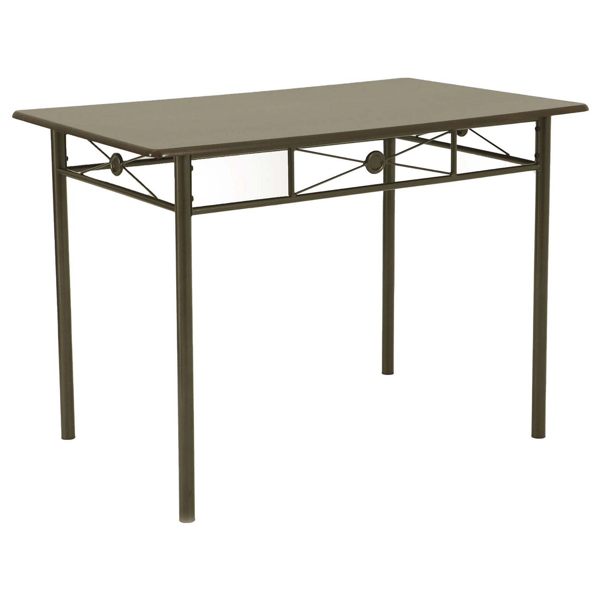 Dark brown rectangular metal dining table with decorative crossbars