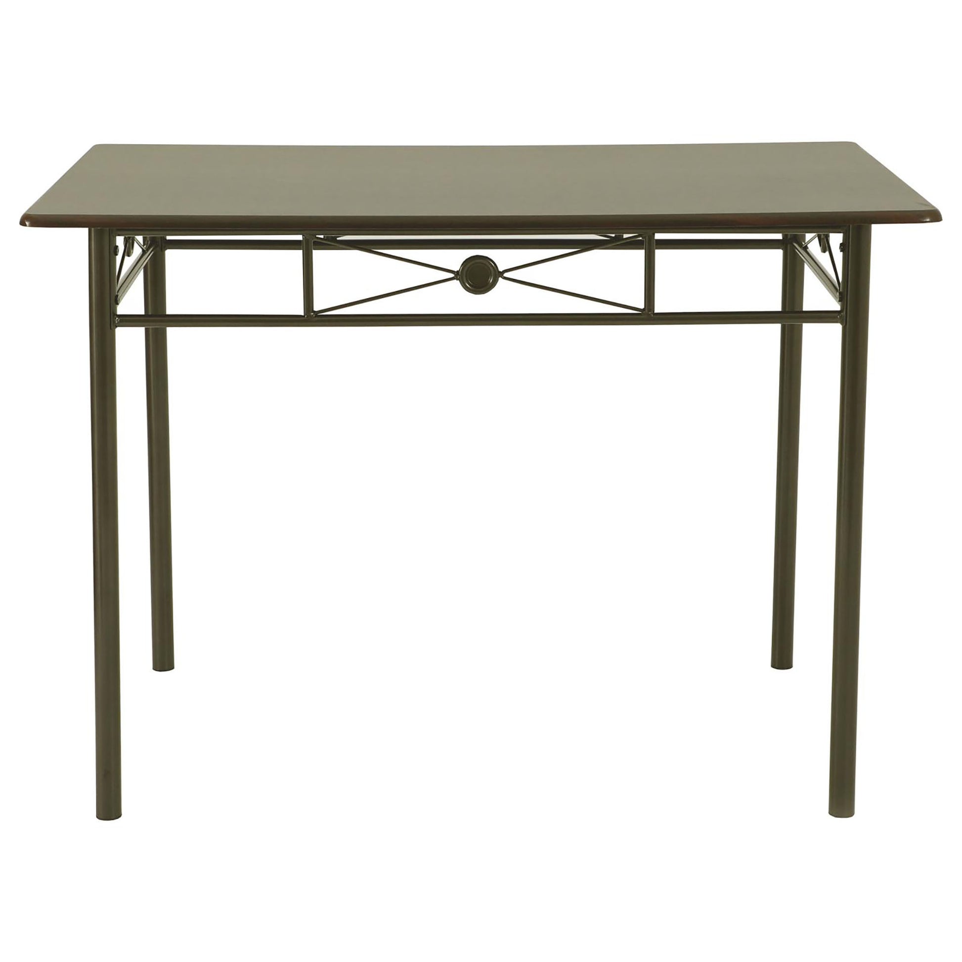 Dark brown metal dining table with decorative crossbar detail