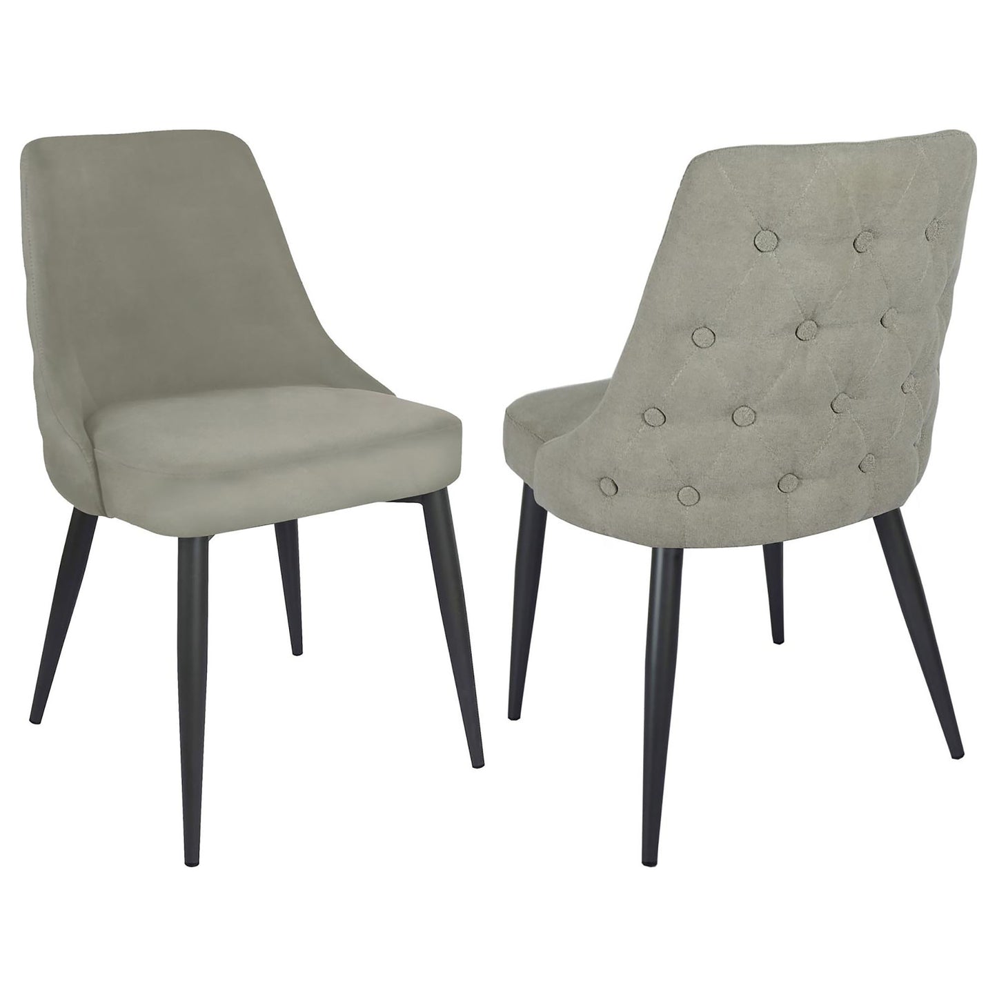 Light grey upholstered dining chair with tufted back and black legs