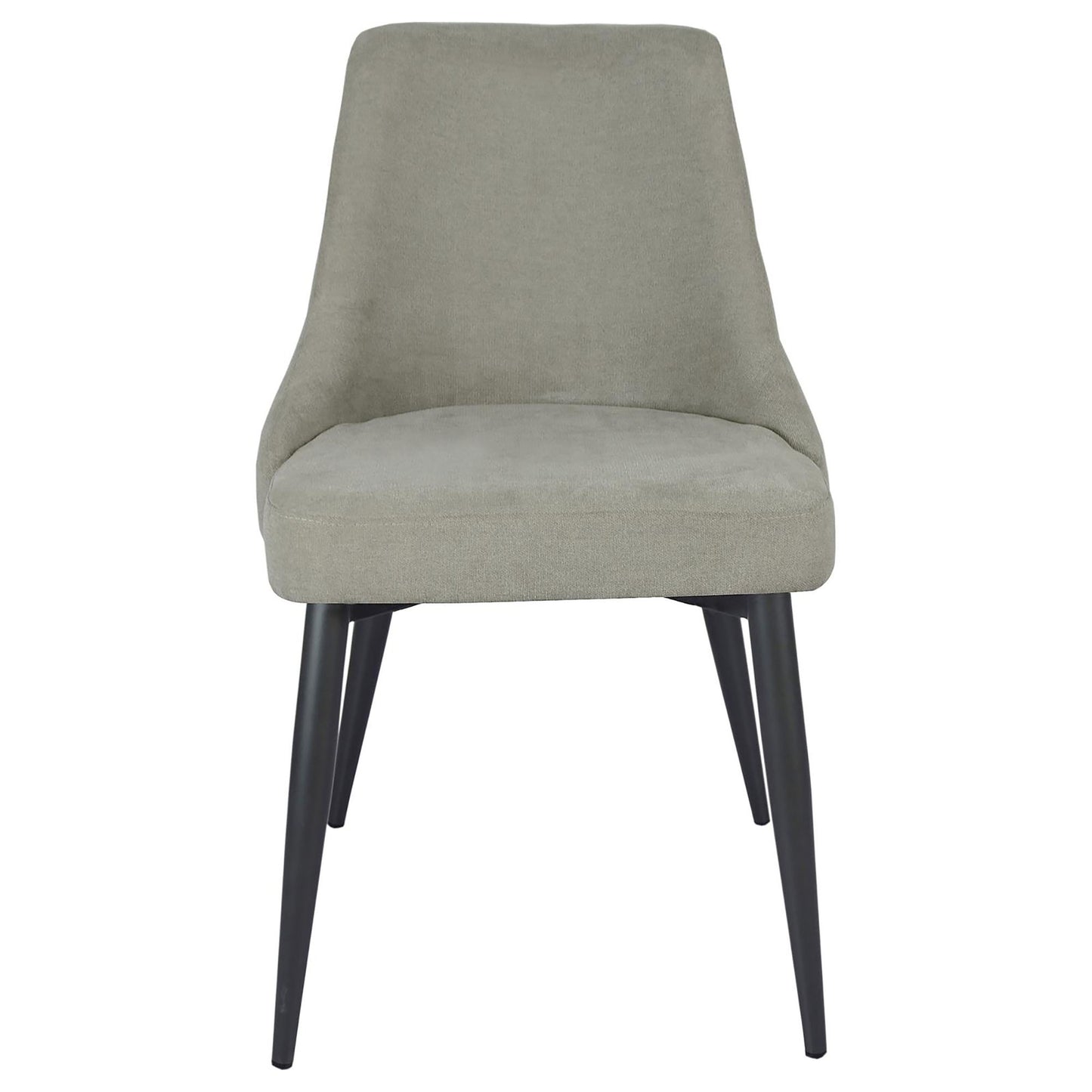 Upholstered dining chair in light grey fabric with dark metal legs