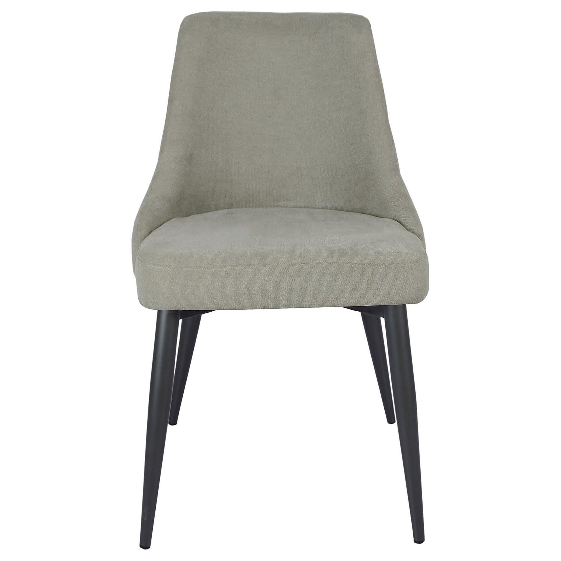 Upholstered dining chair in light grey fabric with dark metal legs