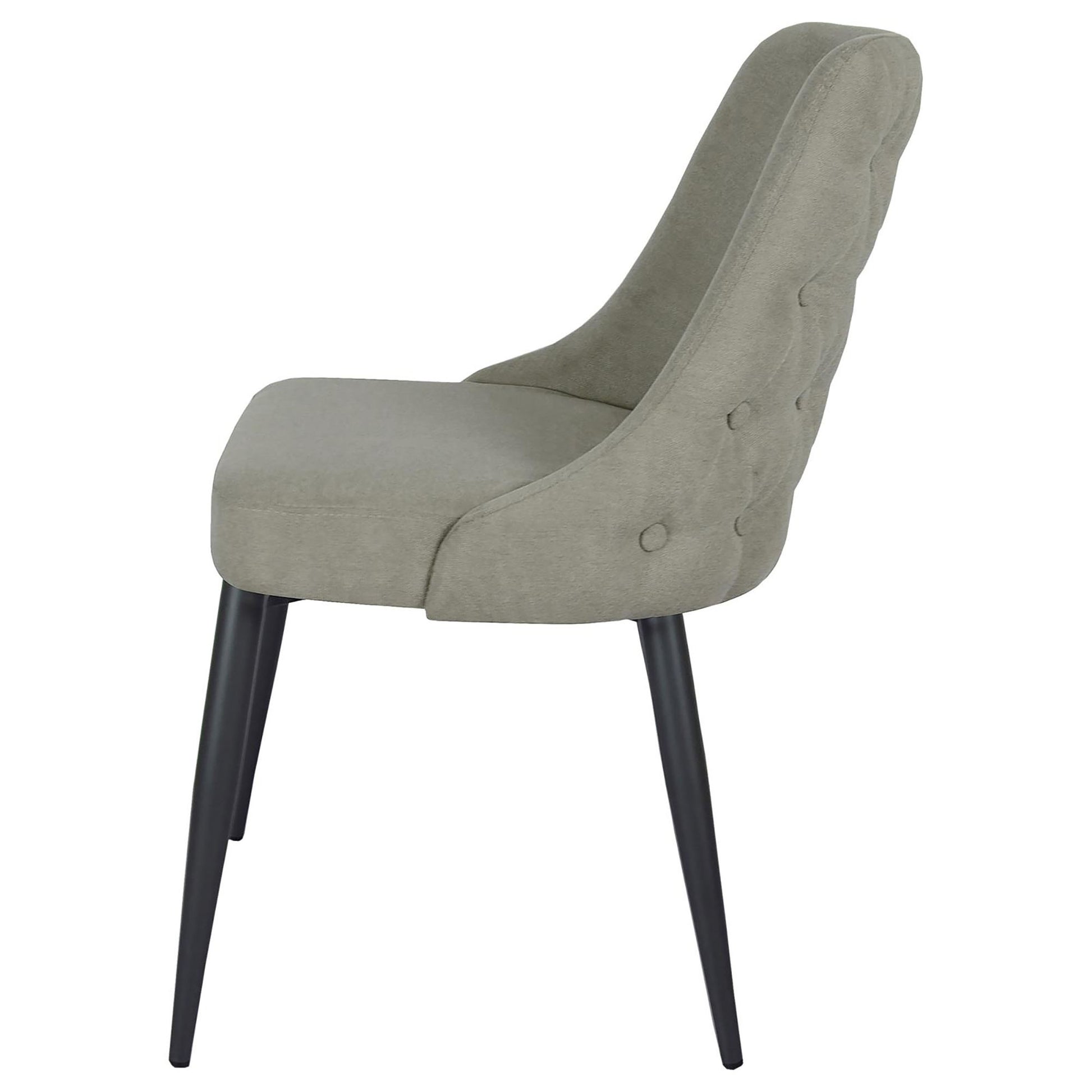Grey upholstered dining chair with tufted back and black metal legs