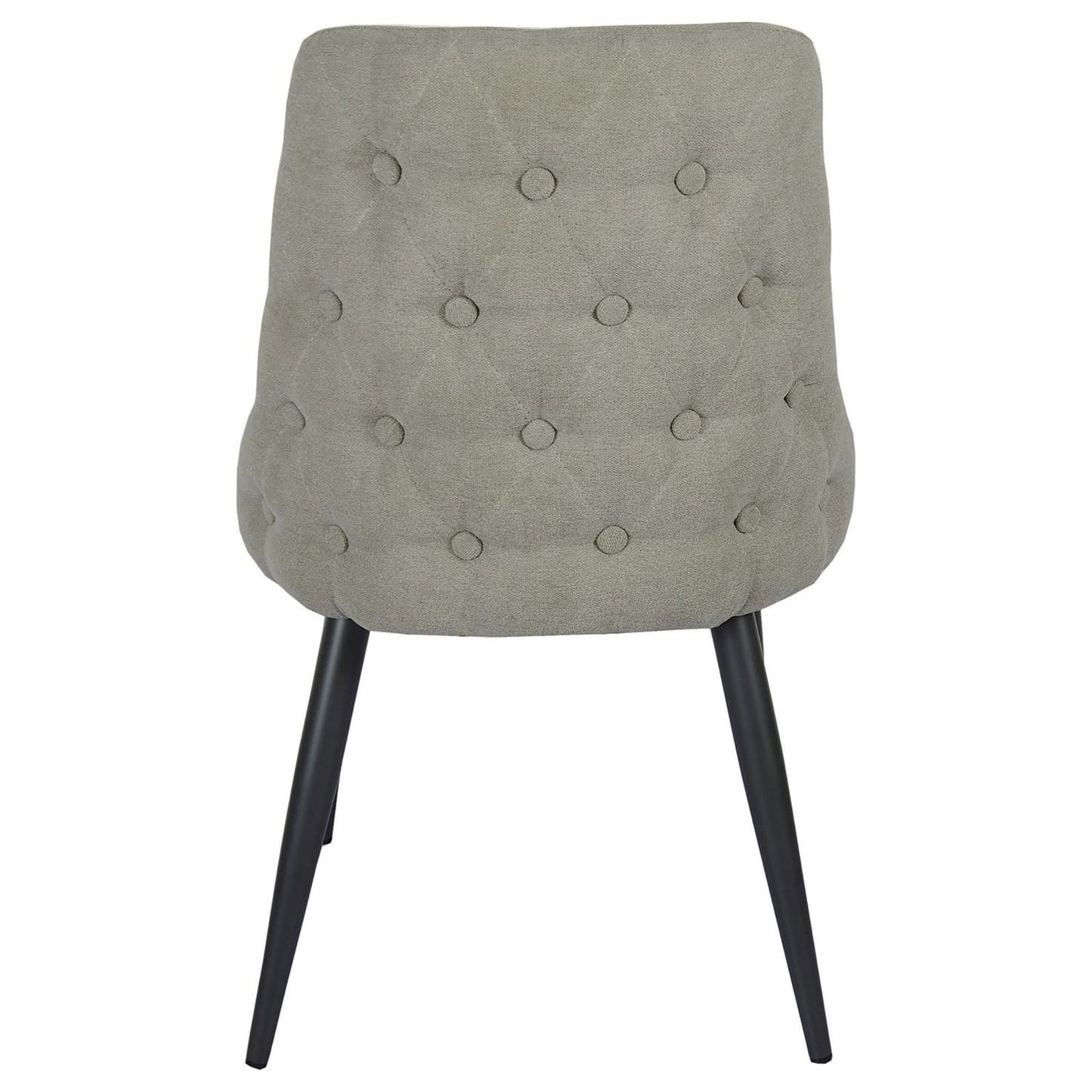 Tufted grey fabric dining chair with dark metal legs
