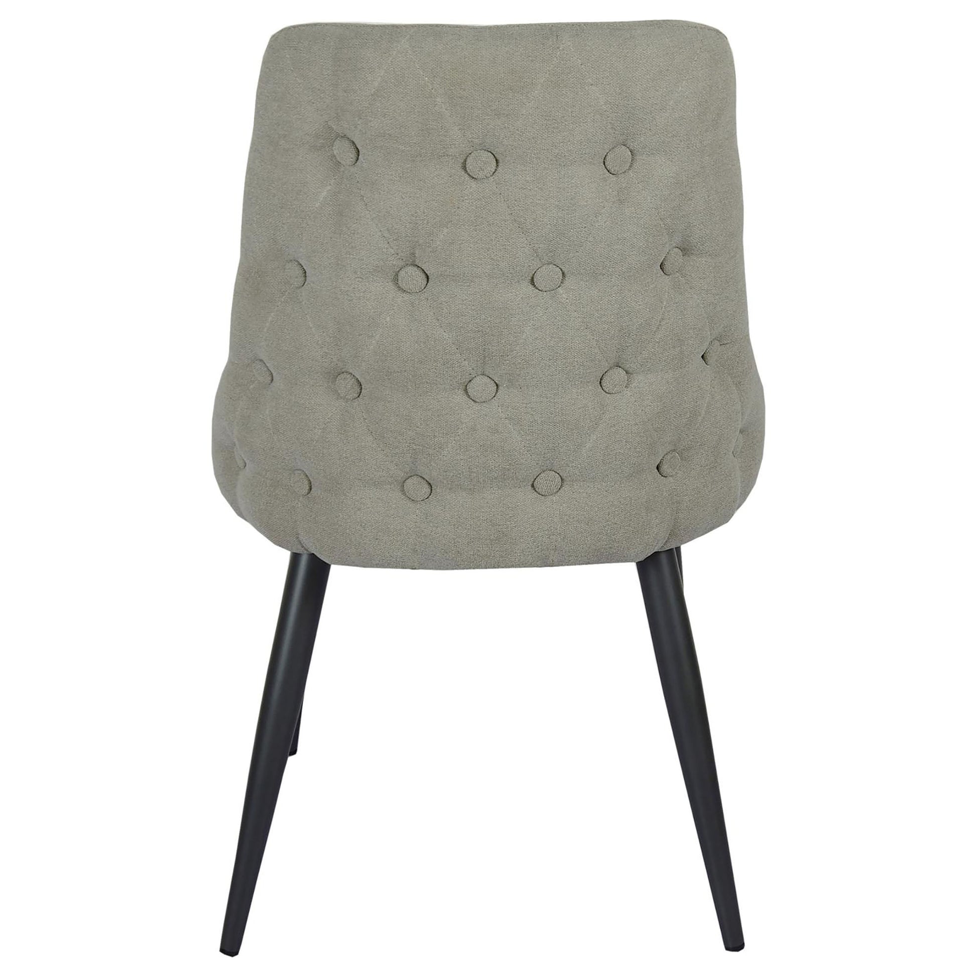 Tufted grey fabric dining chair with dark metal legs