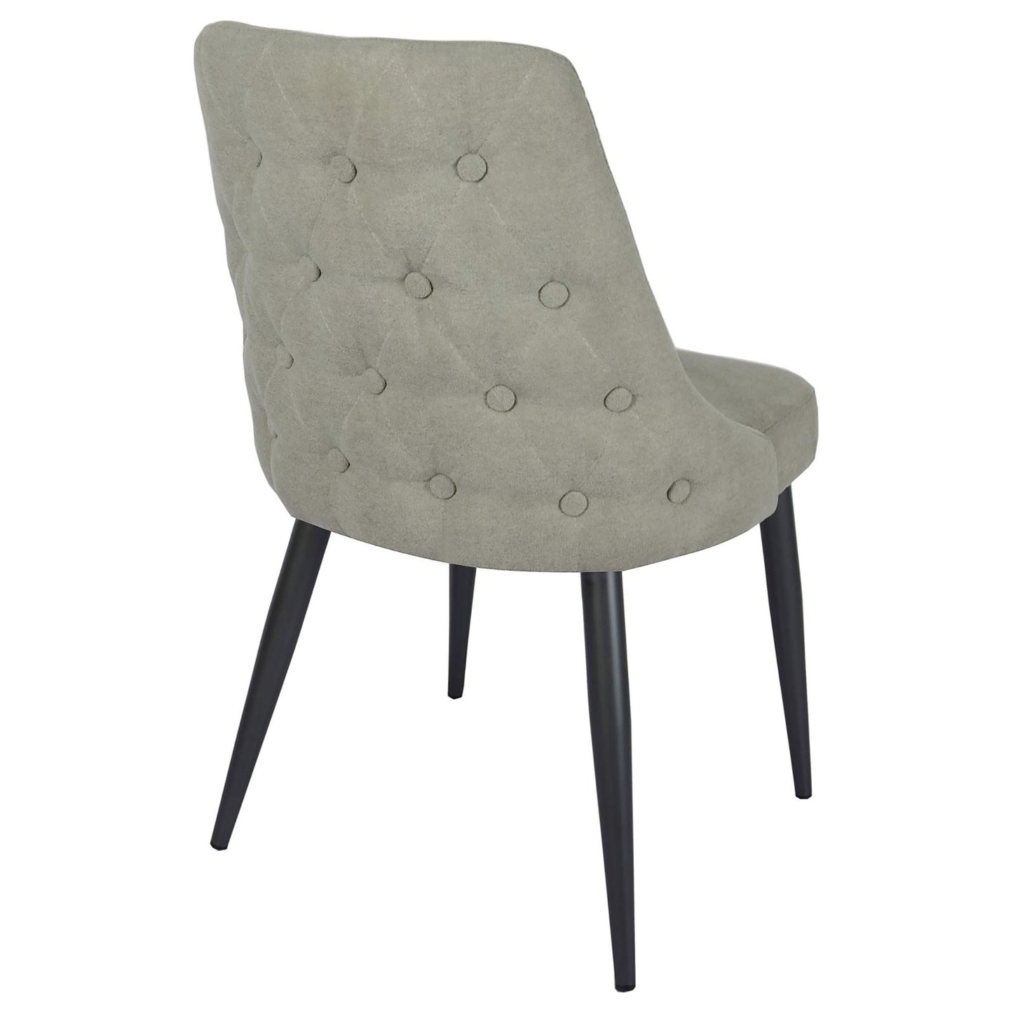 Grey upholstered dining chair with tufted back and black tapered legs