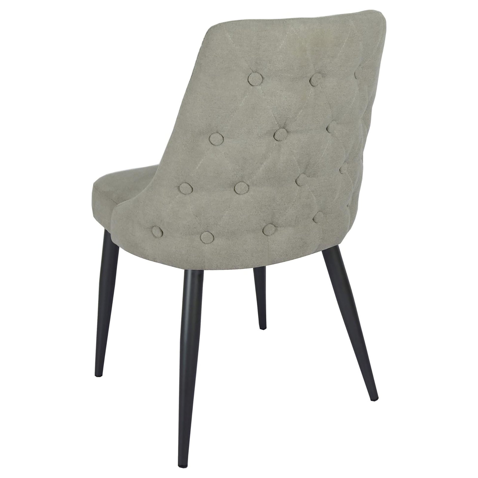 Light grey tufted velvet accent chair with dark metal legs perfect for dining rooms