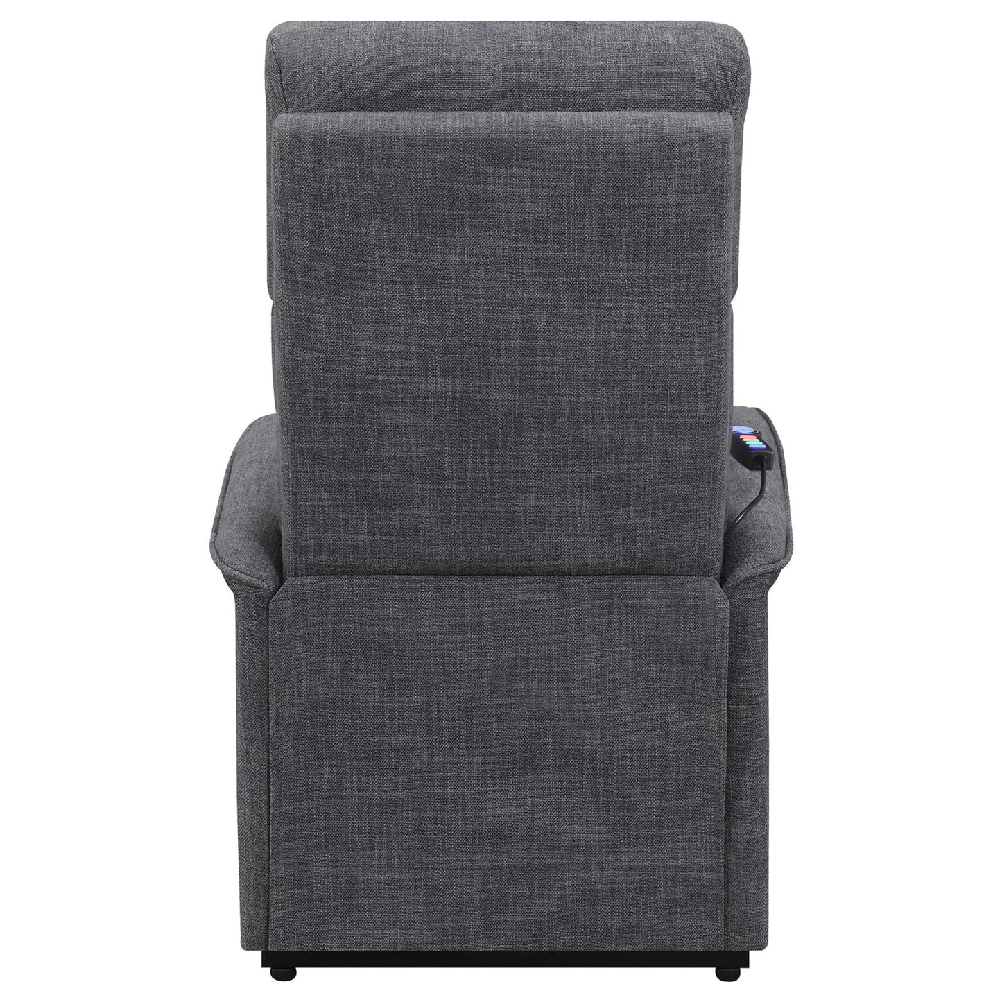 Back view of charcoal grey fabric recliner chair with integrated remote control on the armrest
