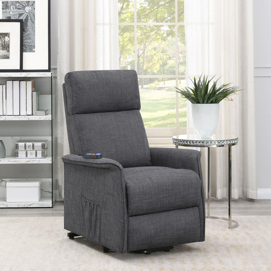 Dark gray fabric power lift recliner with side pocket and remote control