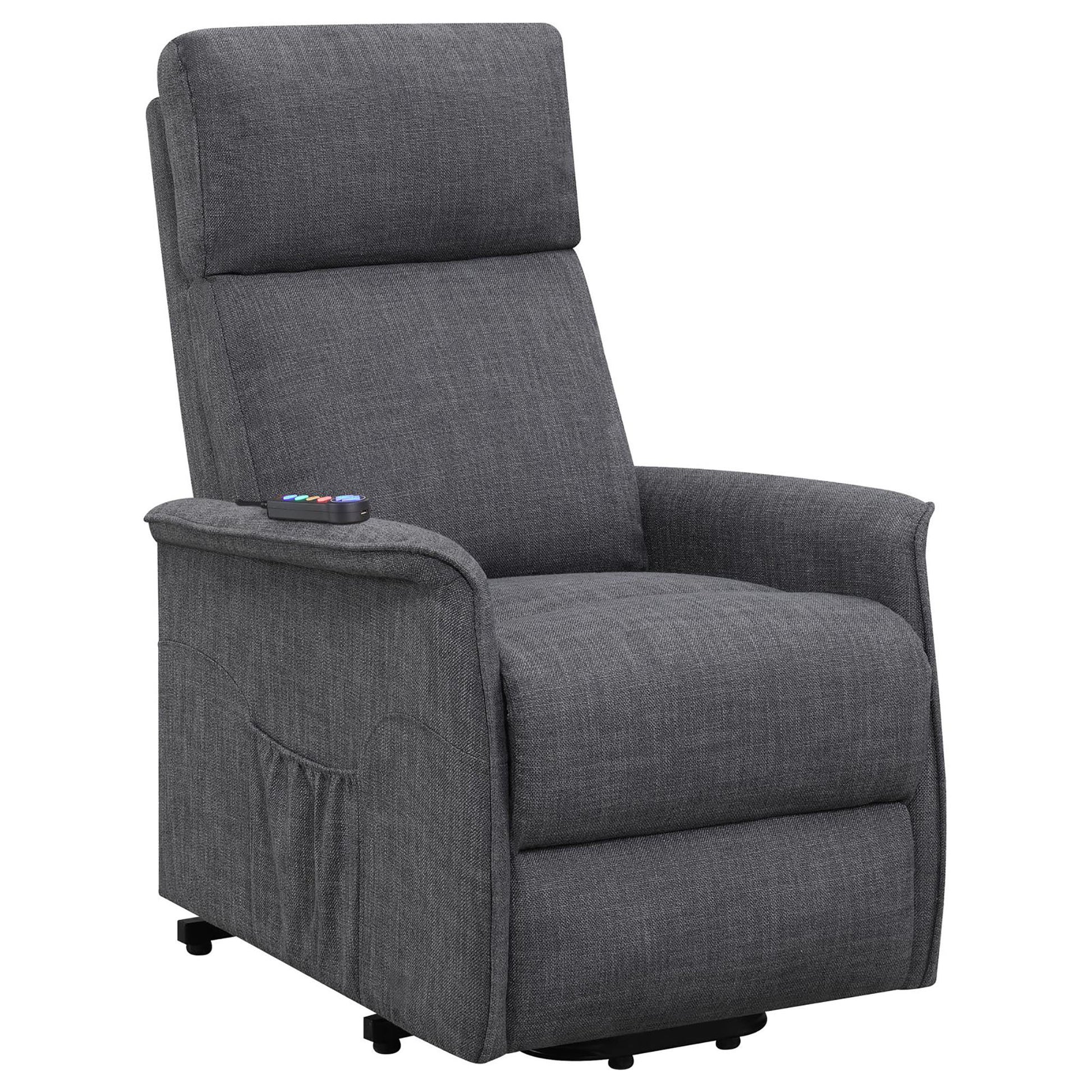 Modern charcoal grey fabric lift recliner with side pocket and remote control