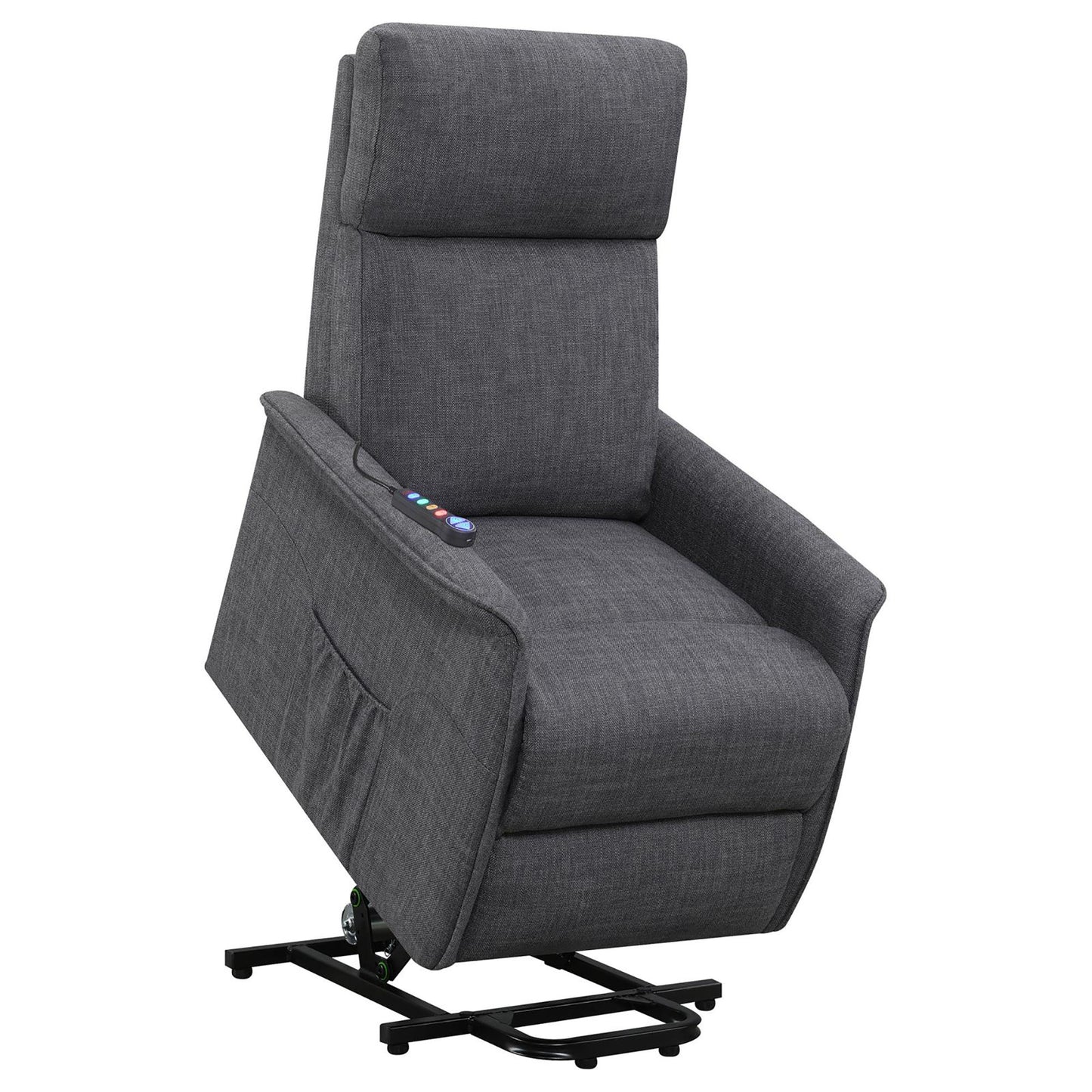 Dark gray fabric lift chair recliner with remote and side pocket