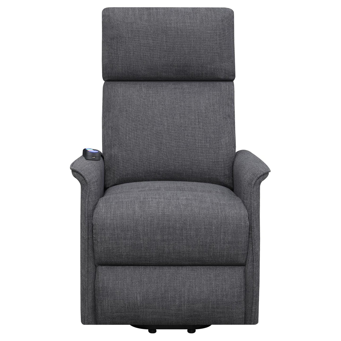 Gray fabric power lift recliner with adjustable headrest and remote control on armrest