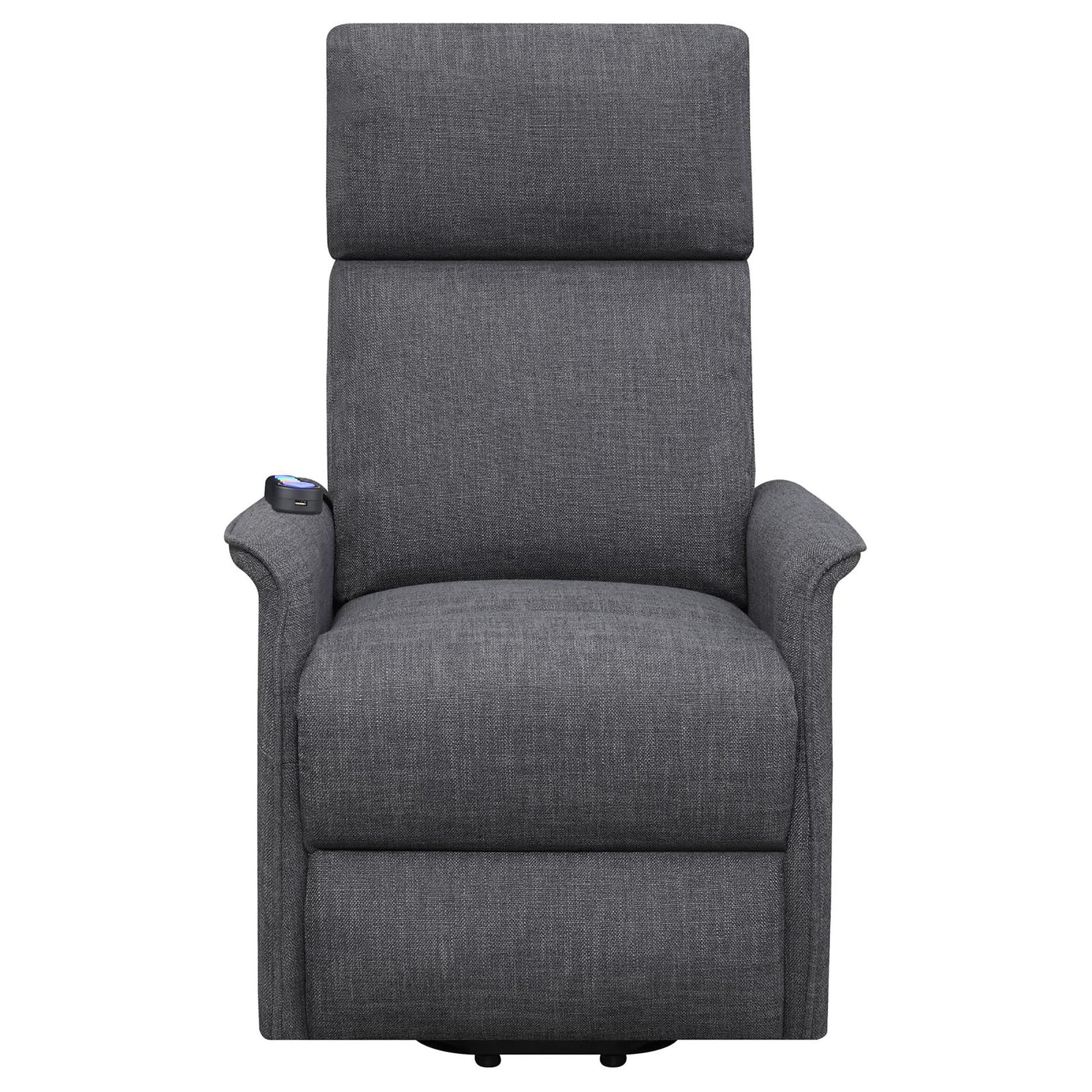 Gray fabric power lift recliner with adjustable headrest and remote control on armrest