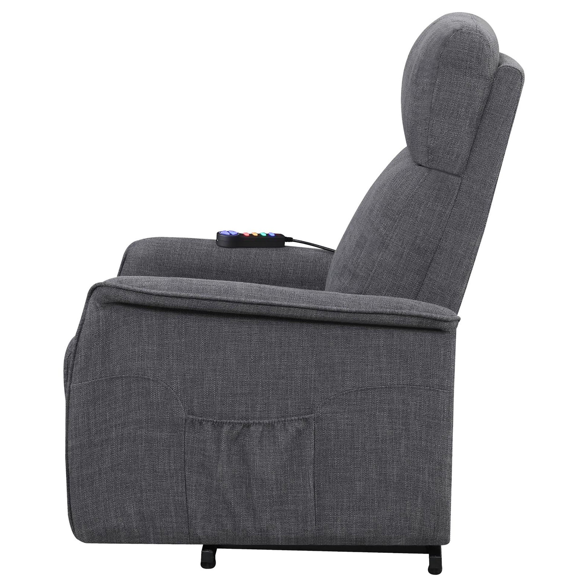 Gray fabric recliner with remote control for effortless adjustment and side pocket storage