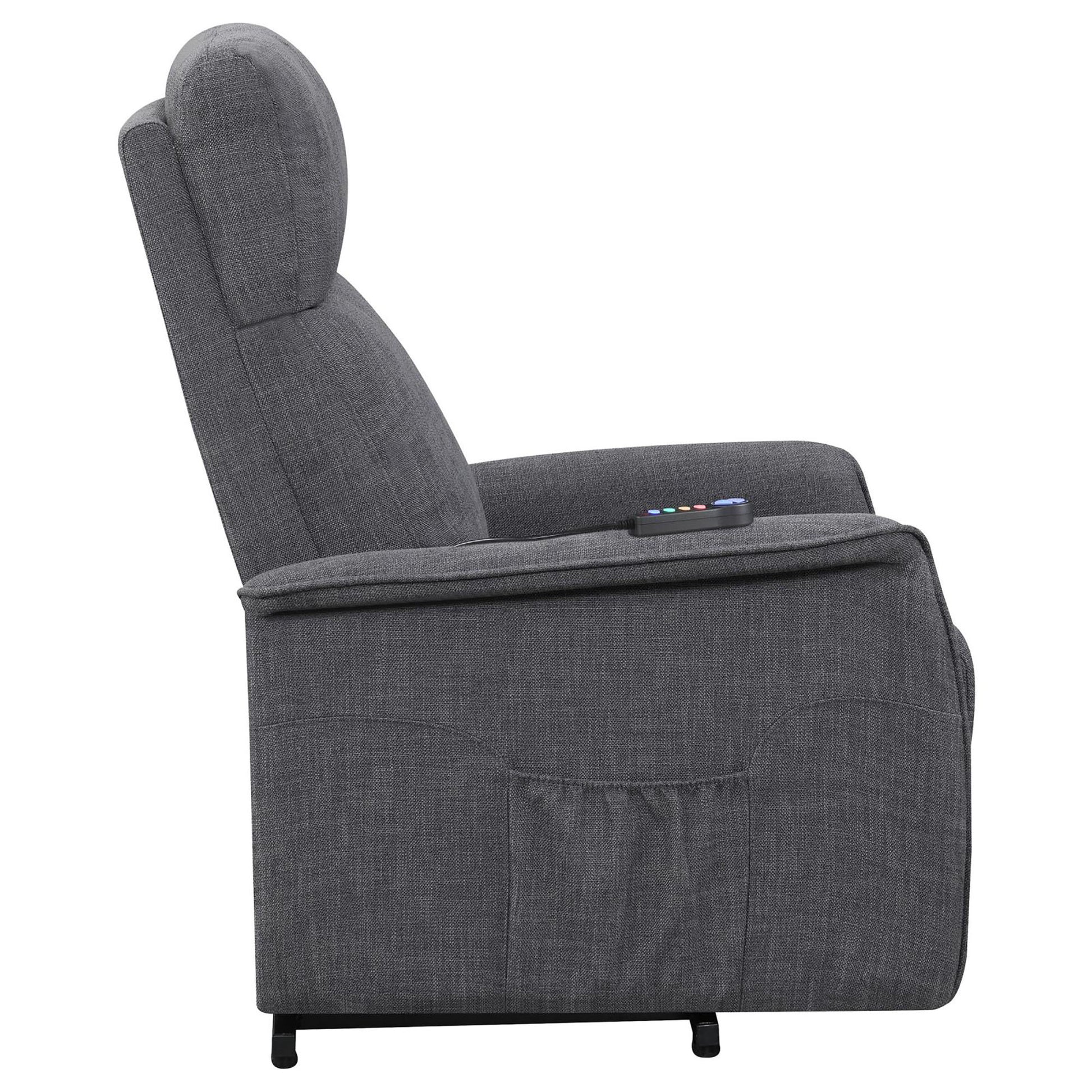 Dark gray fabric recliner chair with side pocket and remote control