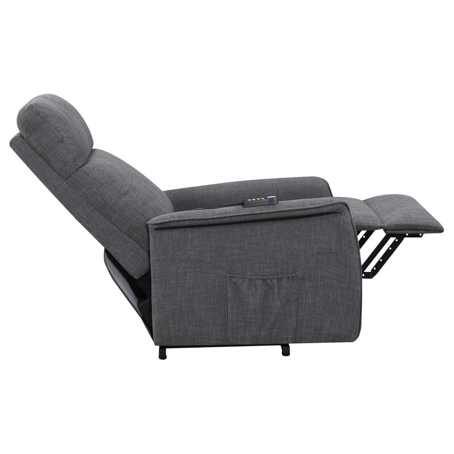 Dark gray fabric power recliner chair with remote and extended footrest