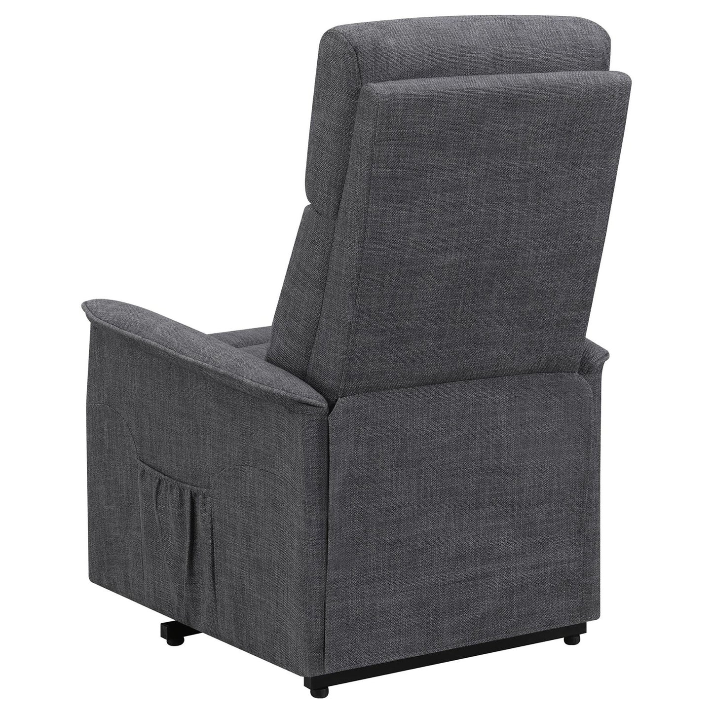 Dark gray fabric recliner chair with extended footrest and side pocket
