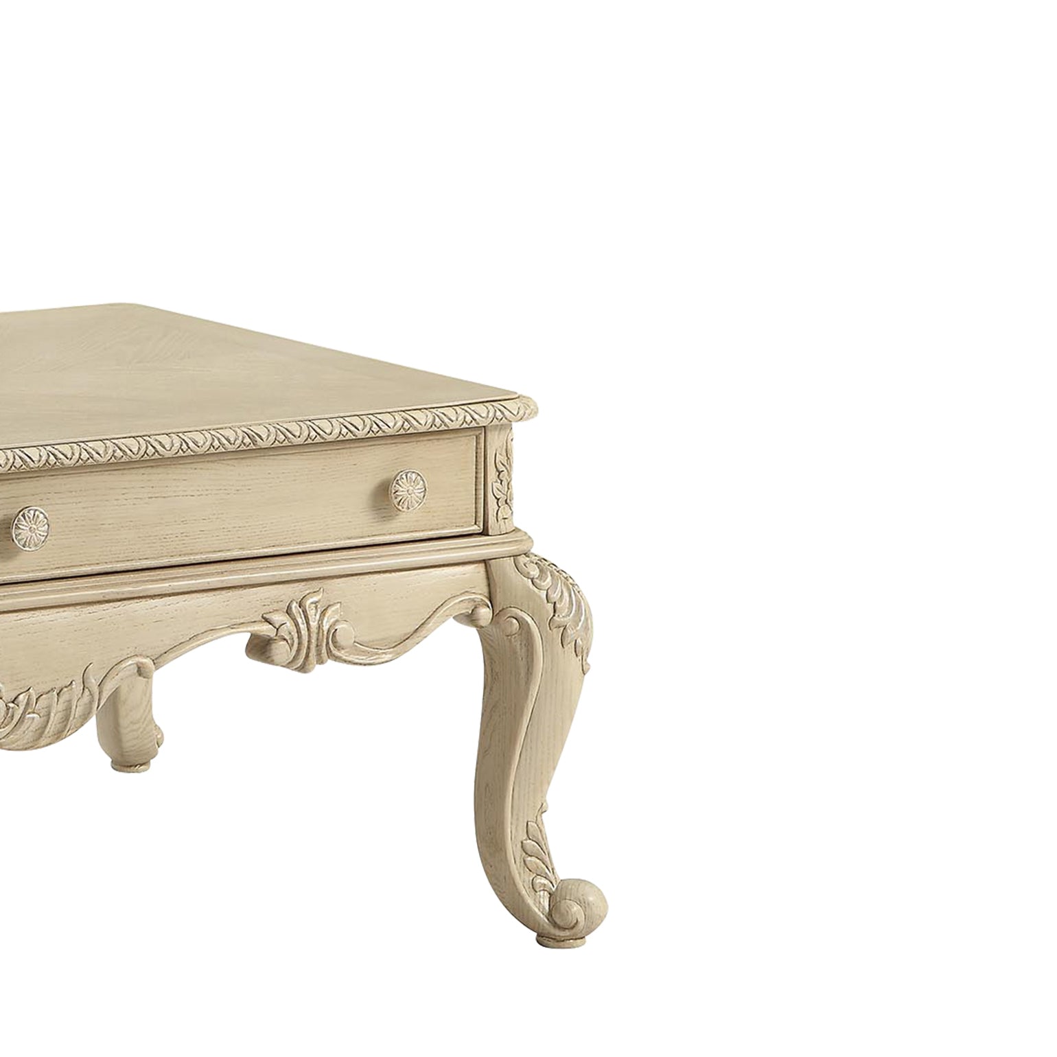 Antique cream carved wood console table with ornate legs and drawer pulls
