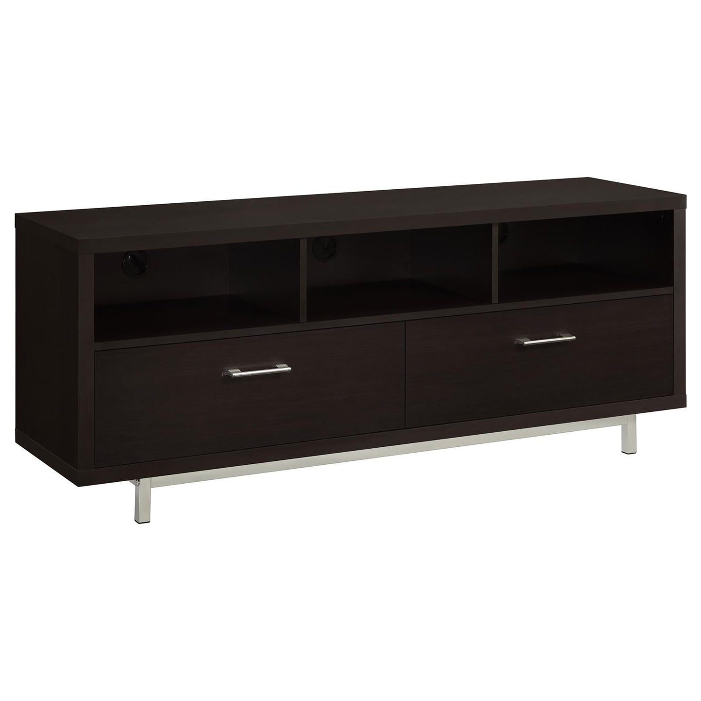 Dark wood TV stand with two drawers and open shelves silver legs