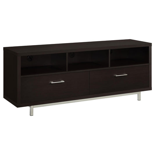 Dark wood TV stand with two drawers and open shelves silver legs
