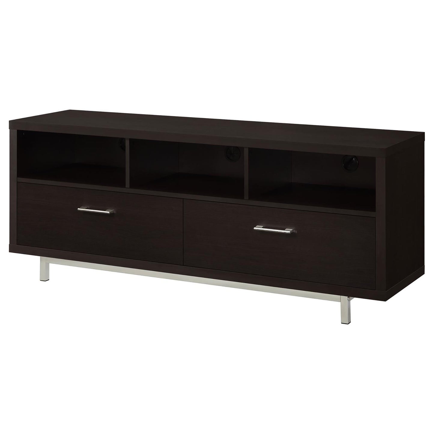 Dark espresso media console with two drawers and open shelving