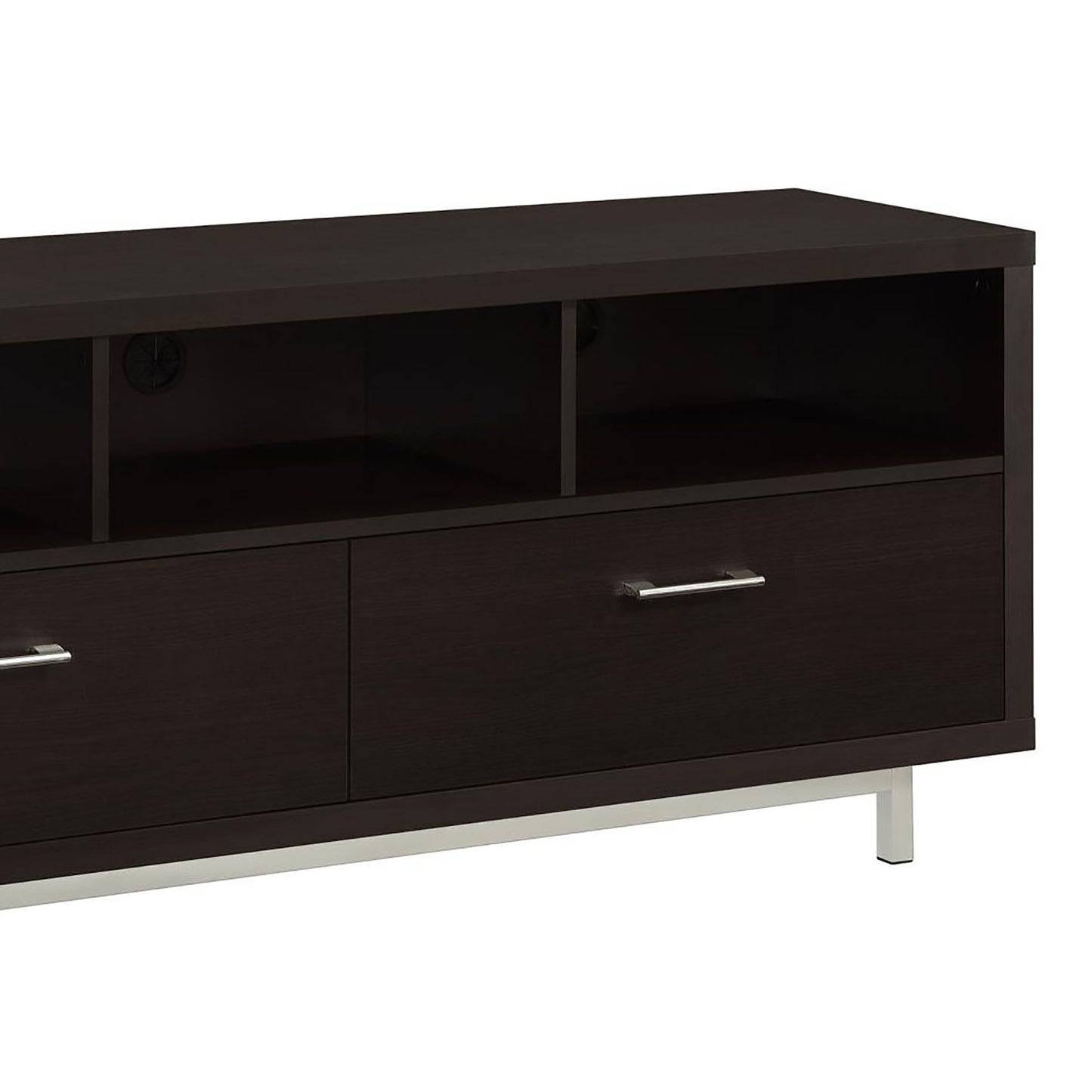 Dark brown entertainment center with open shelves and two drawers on silver legs