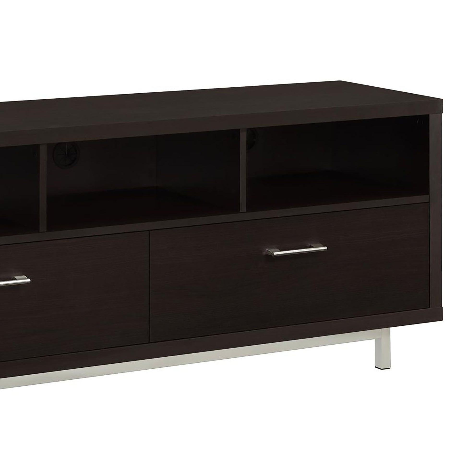 Dark brown entertainment center with open shelves and two drawers on silver legs