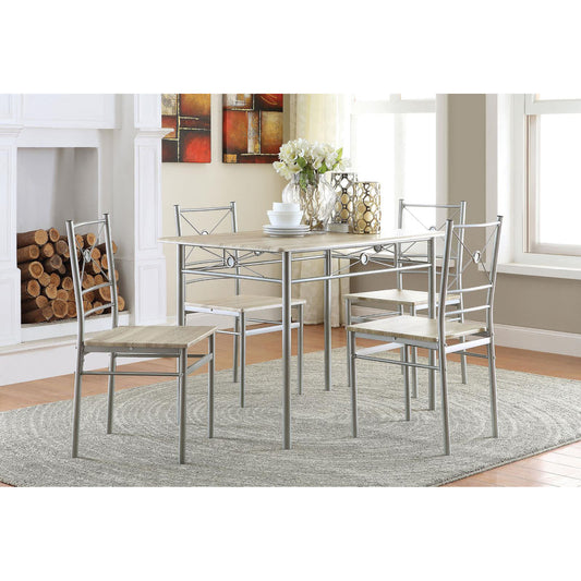 Modern dining set with four silver metal chairs and a light wood grain tabletop perfect for small kitchens