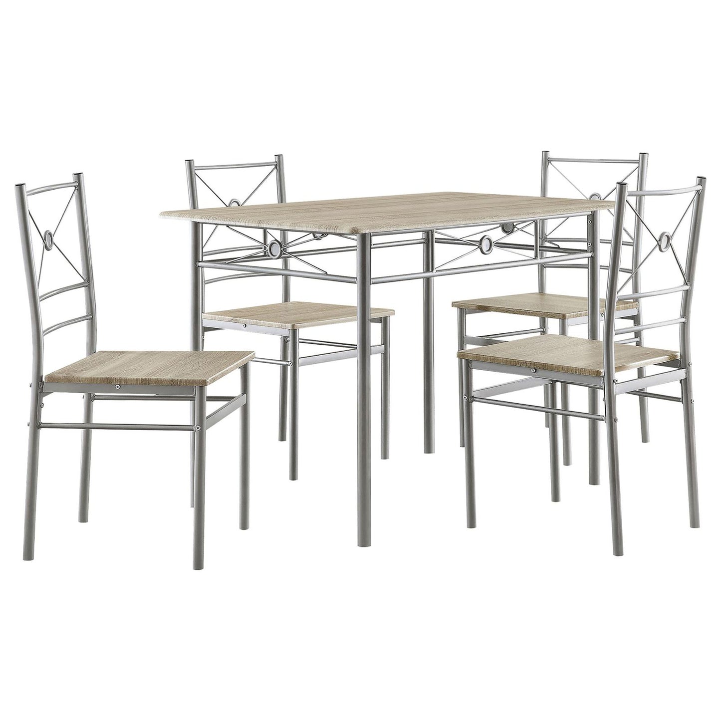 Modern metal dining table set with four chairs and light wood grain seats