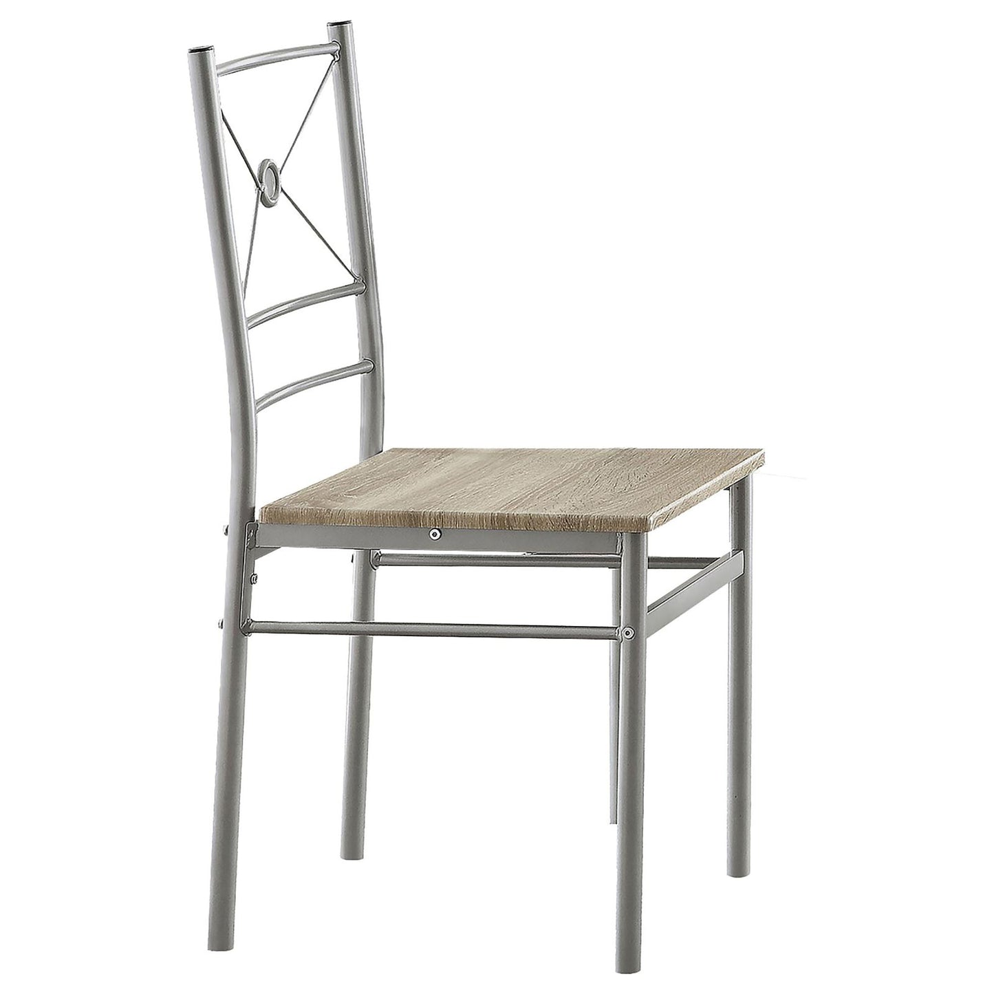 Sleek silver metal dining chair with a natural wood seat and minimalist design